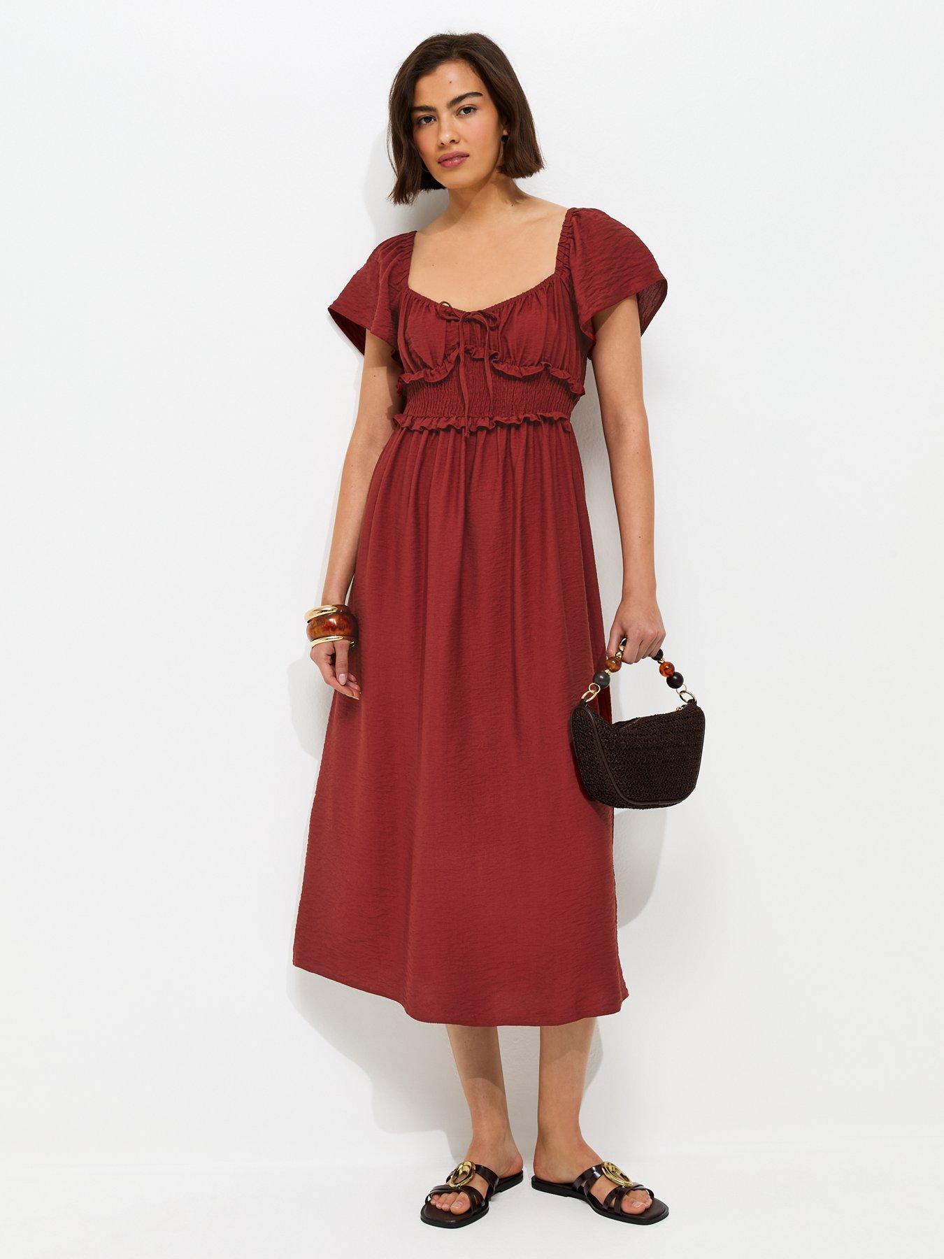 new look ruched dress New Look ruched side strappy midi dress in brown