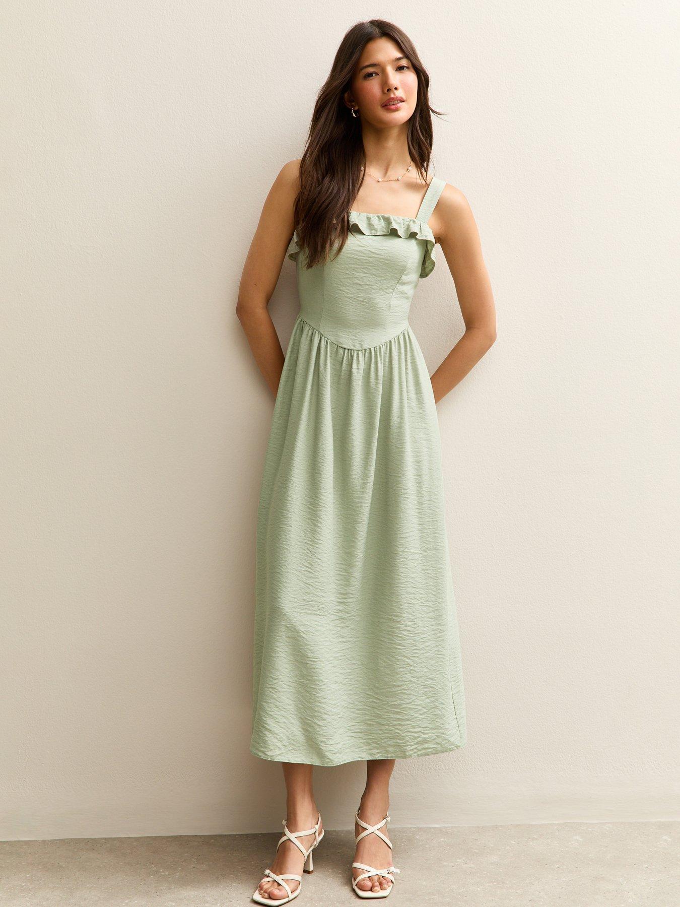 New Look Light Khaki Square Neck Frilly Trim Midi Dress | Very Ireland