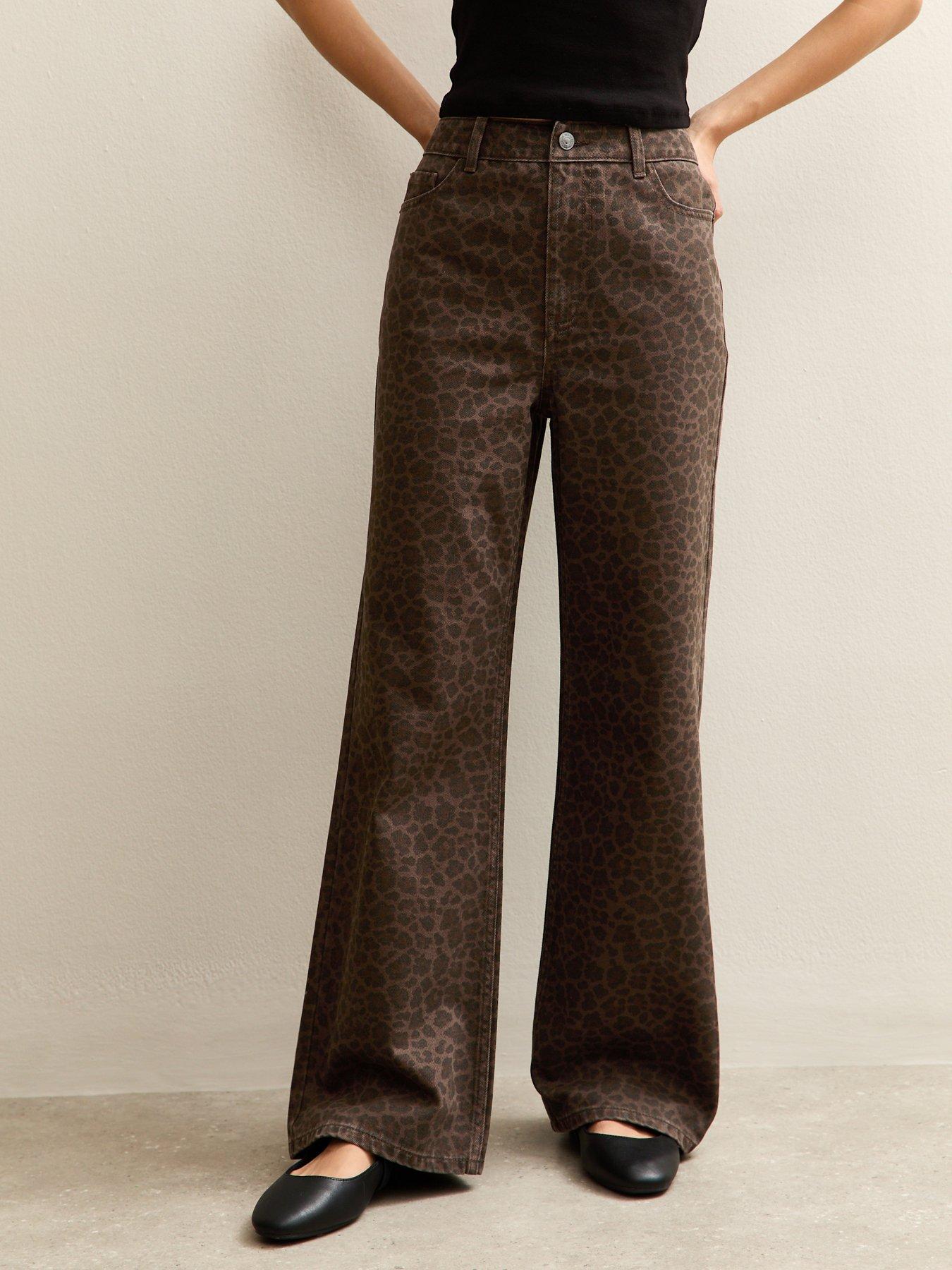 Image 1 of 5 of New Look Leopard Print Wide Leg Jeans - Brown