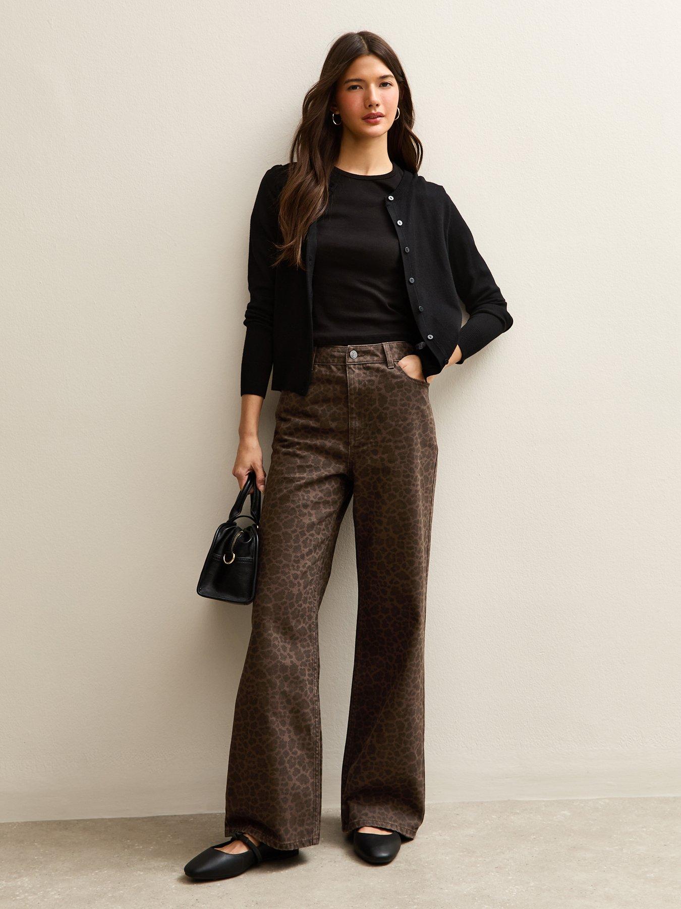 Image 3 of 5 of New Look Leopard Print Wide Leg Jeans - Brown