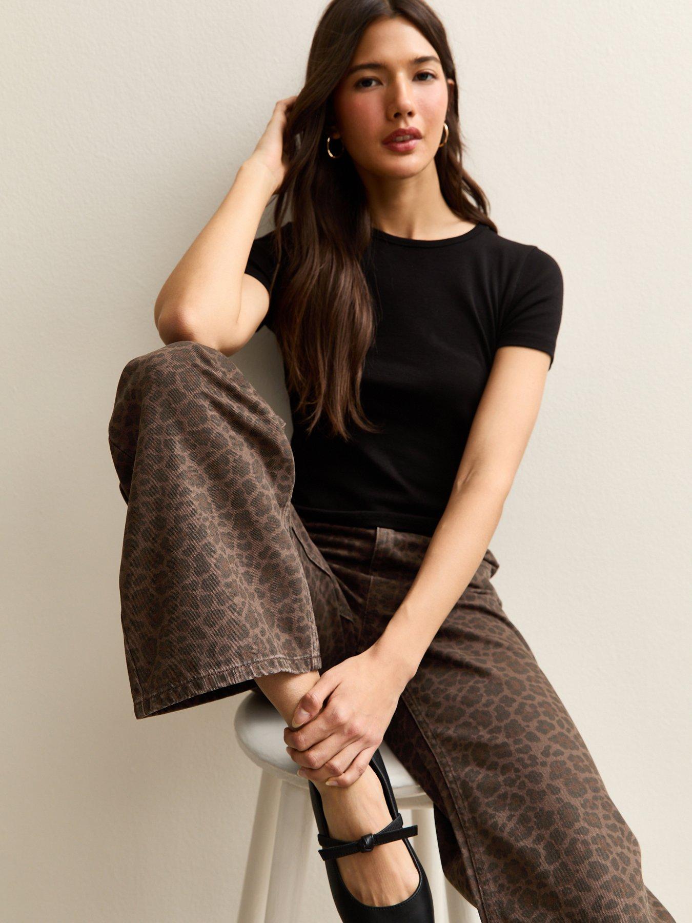 Image 4 of 5 of New Look Leopard Print Wide Leg Jeans - Brown