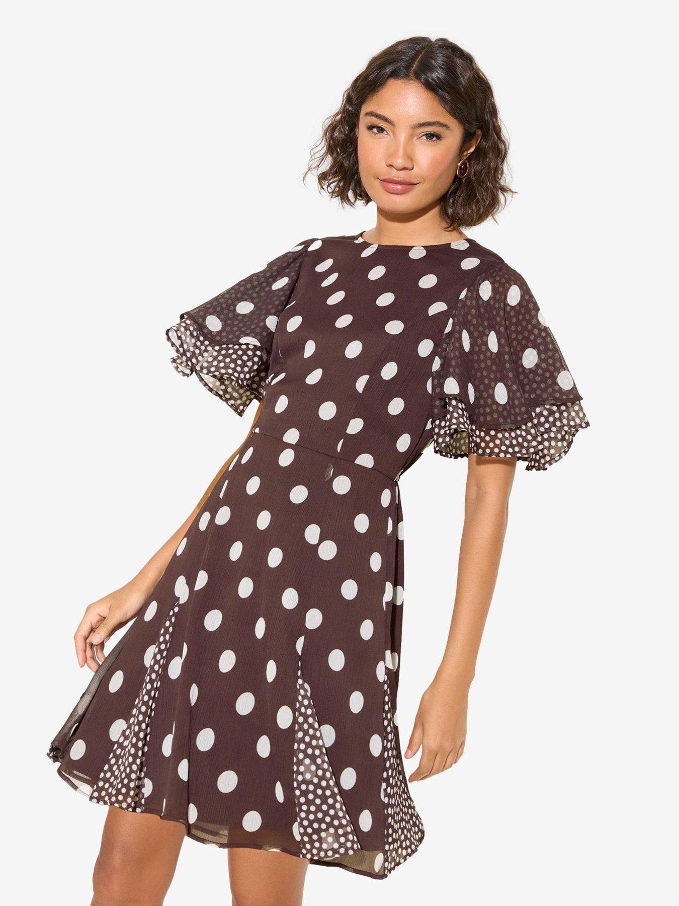 Image 1 of 6 of Friends Like These Tiered Flutter Sleeve Chiffon Mini Dress - Brown/Cream