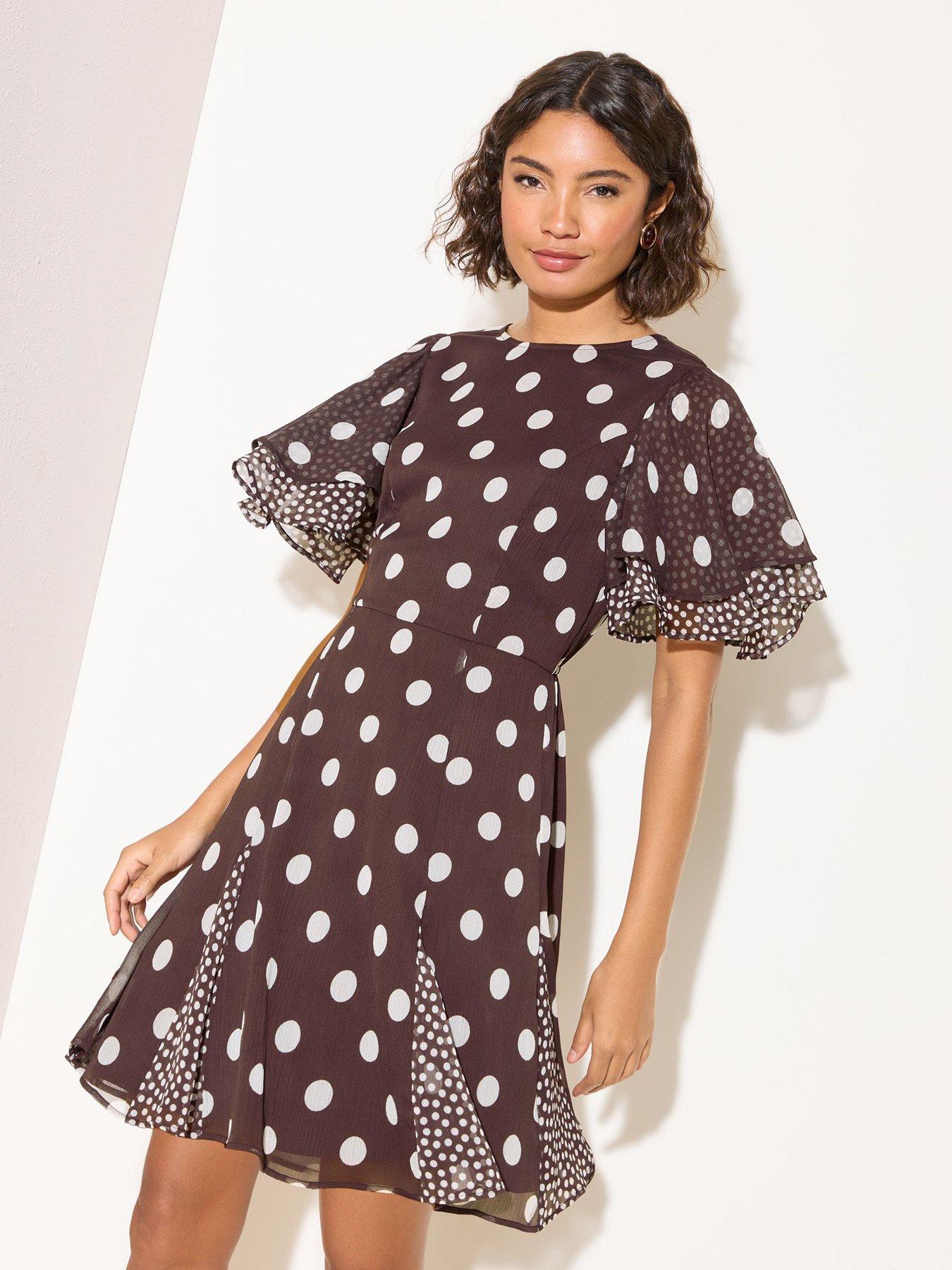 Image 3 of 6 of Friends Like These Tiered Flutter Sleeve Chiffon Mini Dress - Brown/Cream