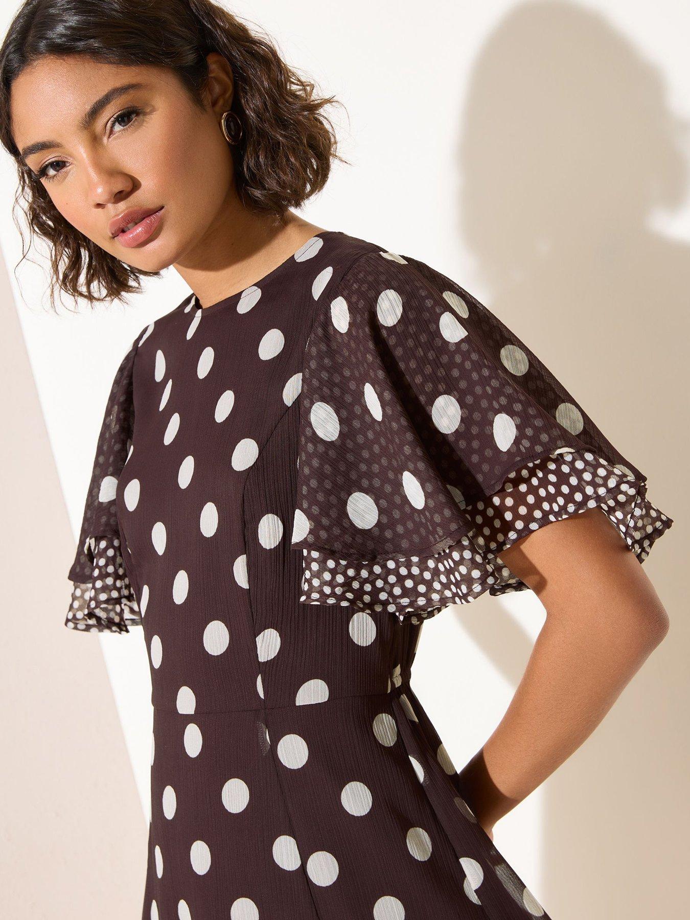 Image 4 of 6 of Friends Like These Tiered Flutter Sleeve Chiffon Mini Dress - Brown/Cream