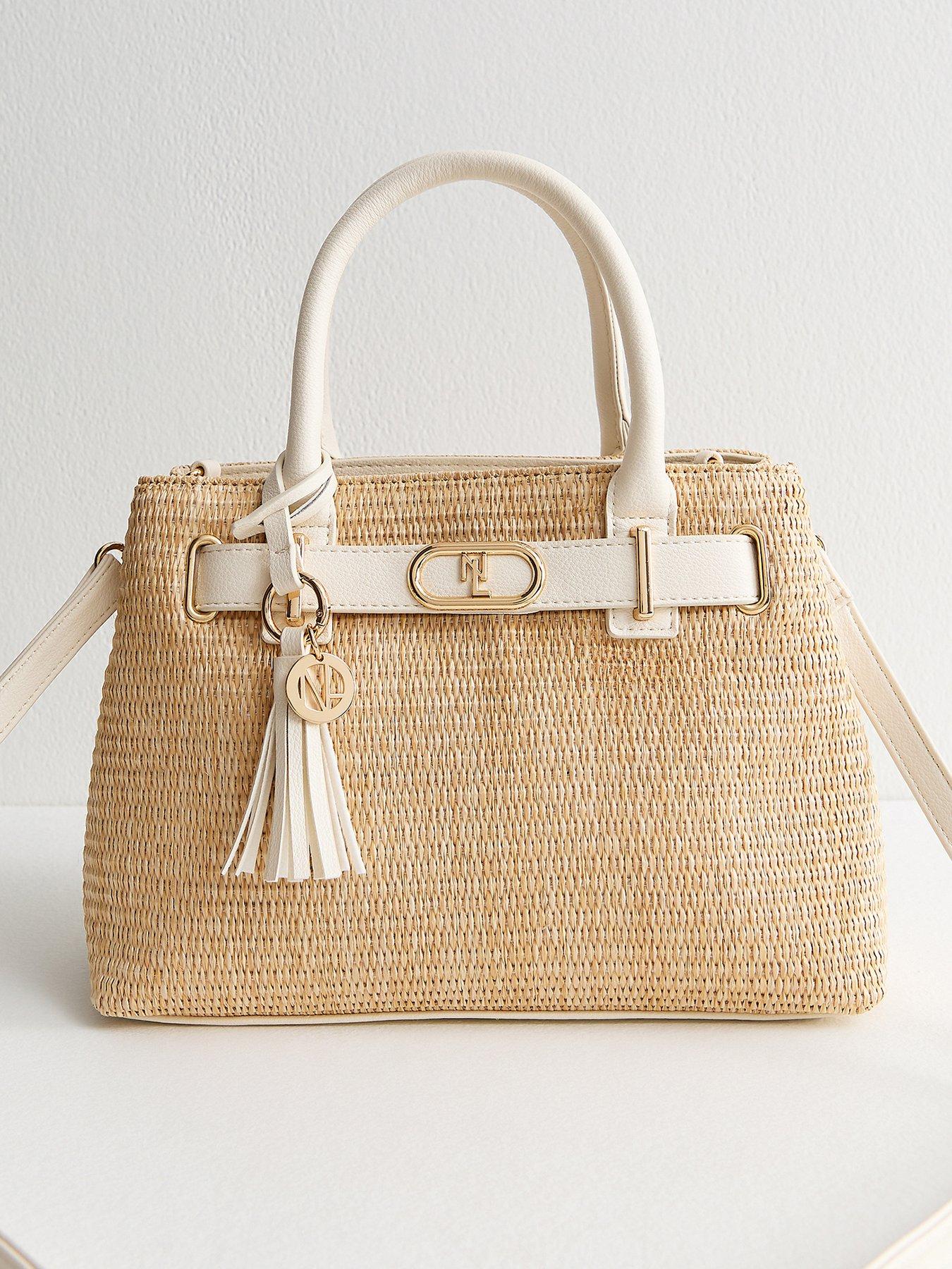 New Look Raffia Triple Compartment Top Handle Bag - Stone