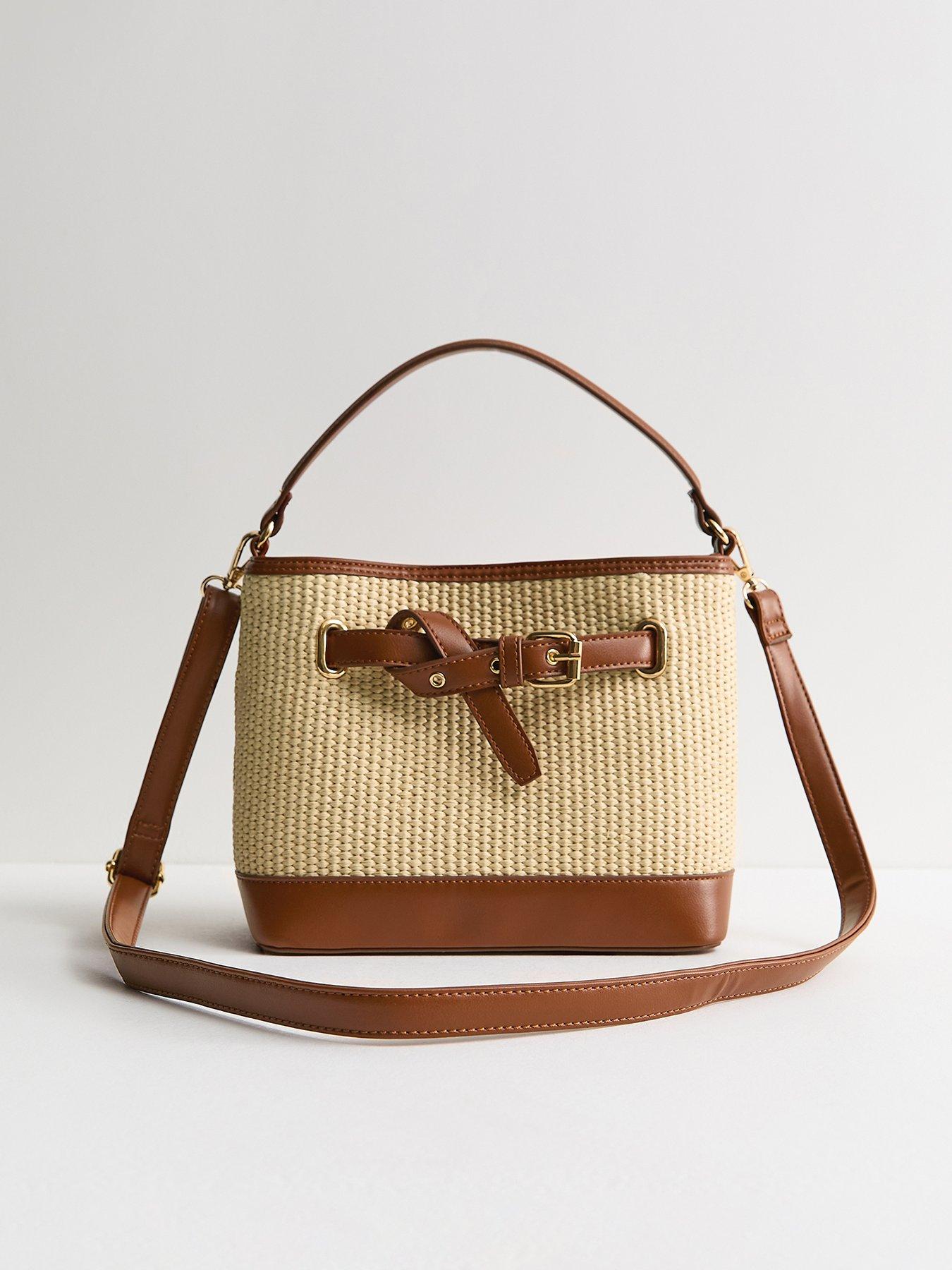 New Look Stone Belted Woven Bucket Bag