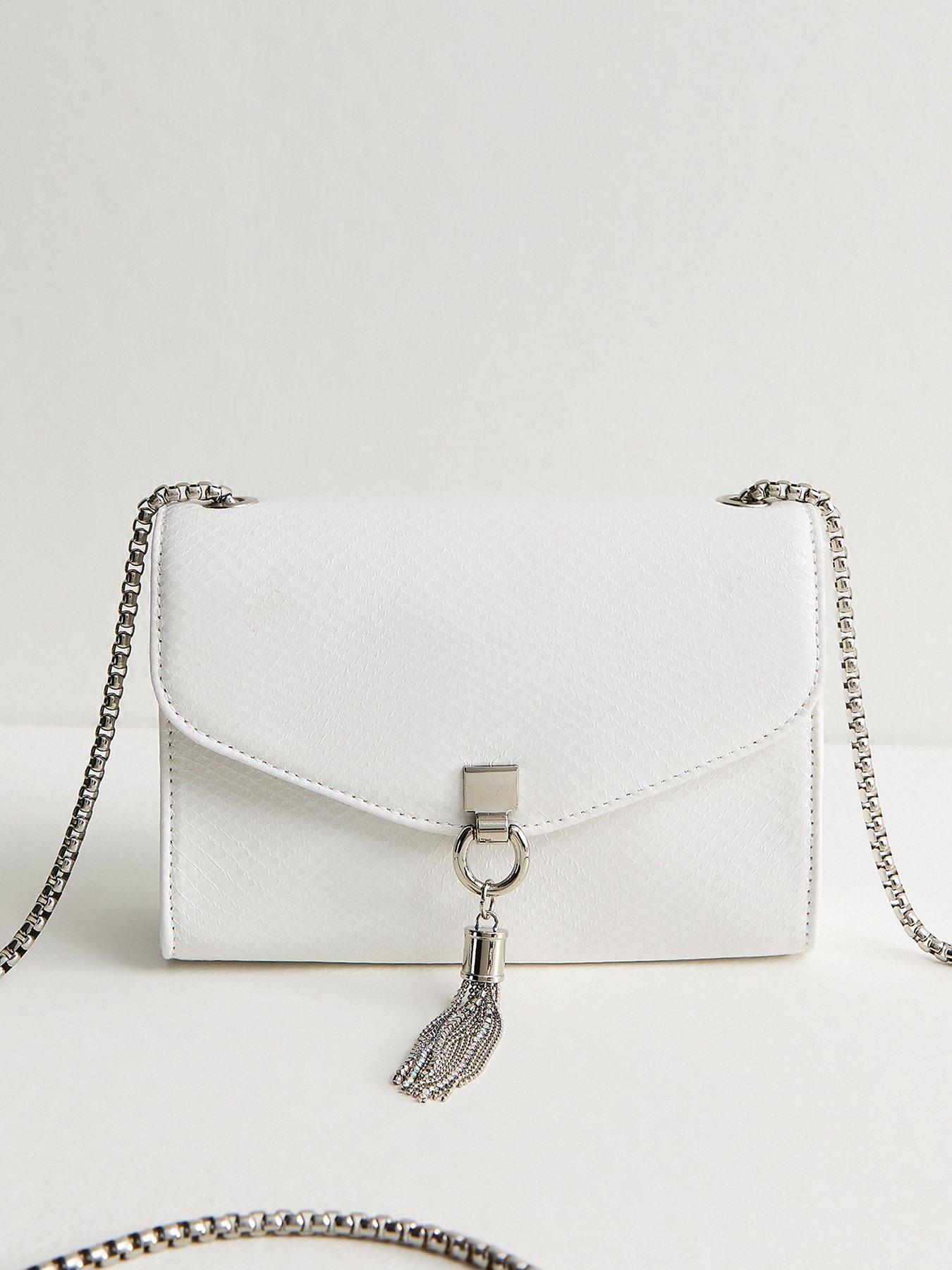 New Look Faux Leather Snake Embossed Tassel Crossbody Bag - White