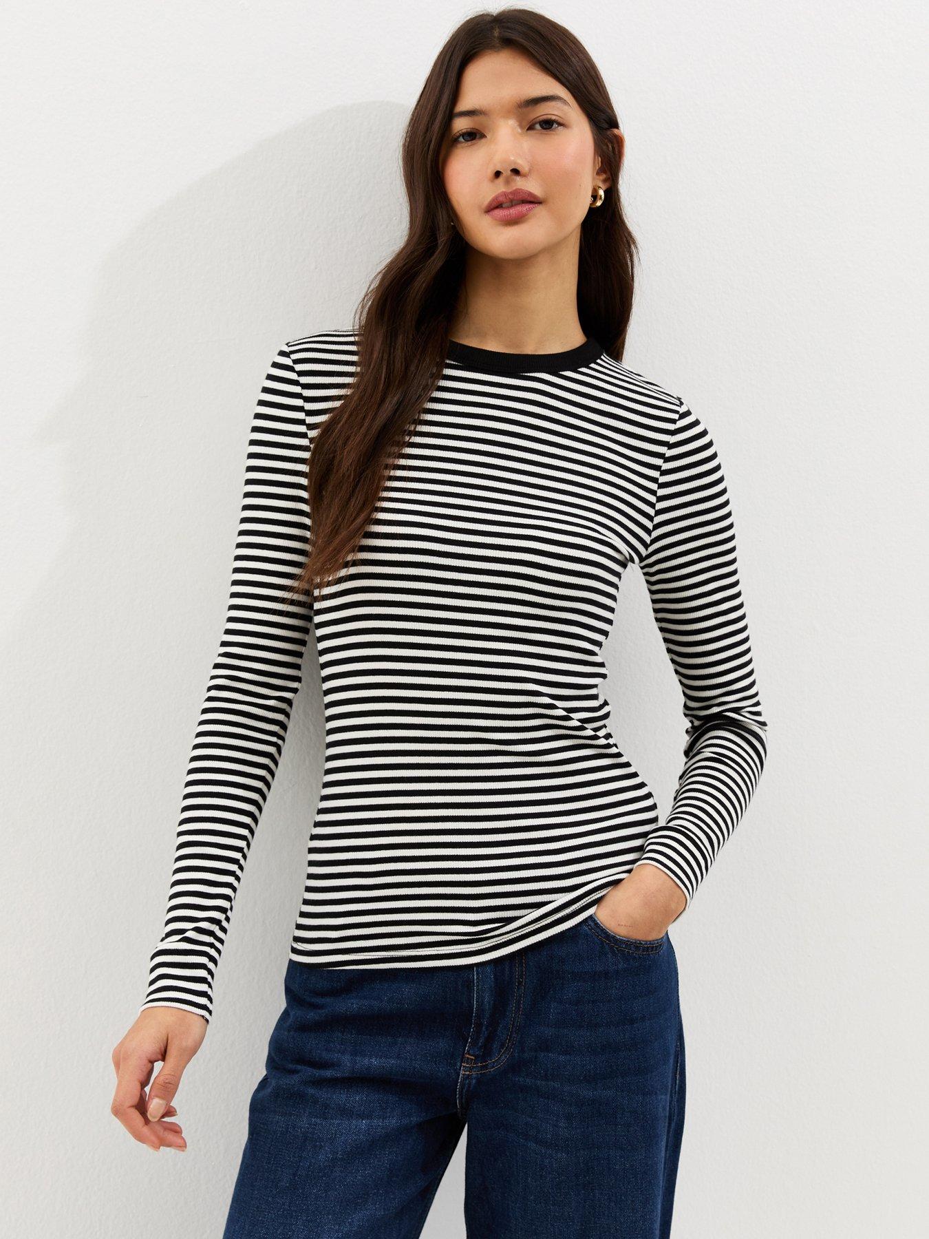New Look Striped Long Sleeve Ribbed Crew Neck Top - White/Black
