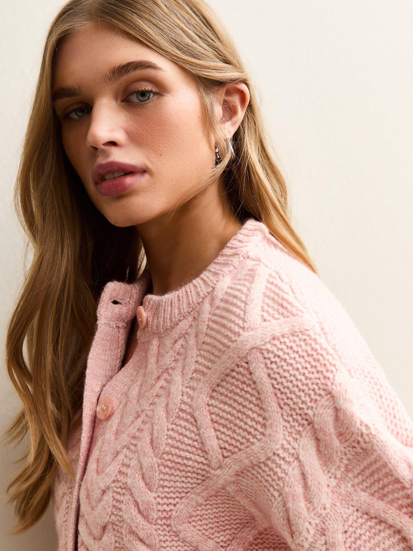 Image 4 of 5 of New Look Cable Knit Cardigan - Pink
