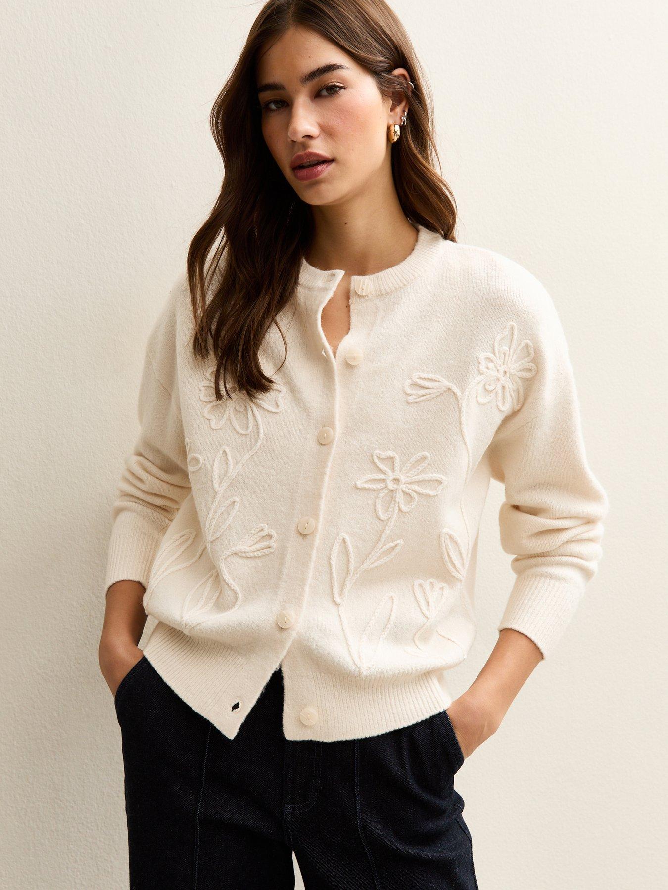 New Look 3D Floral Knitted Cardigan - Cream