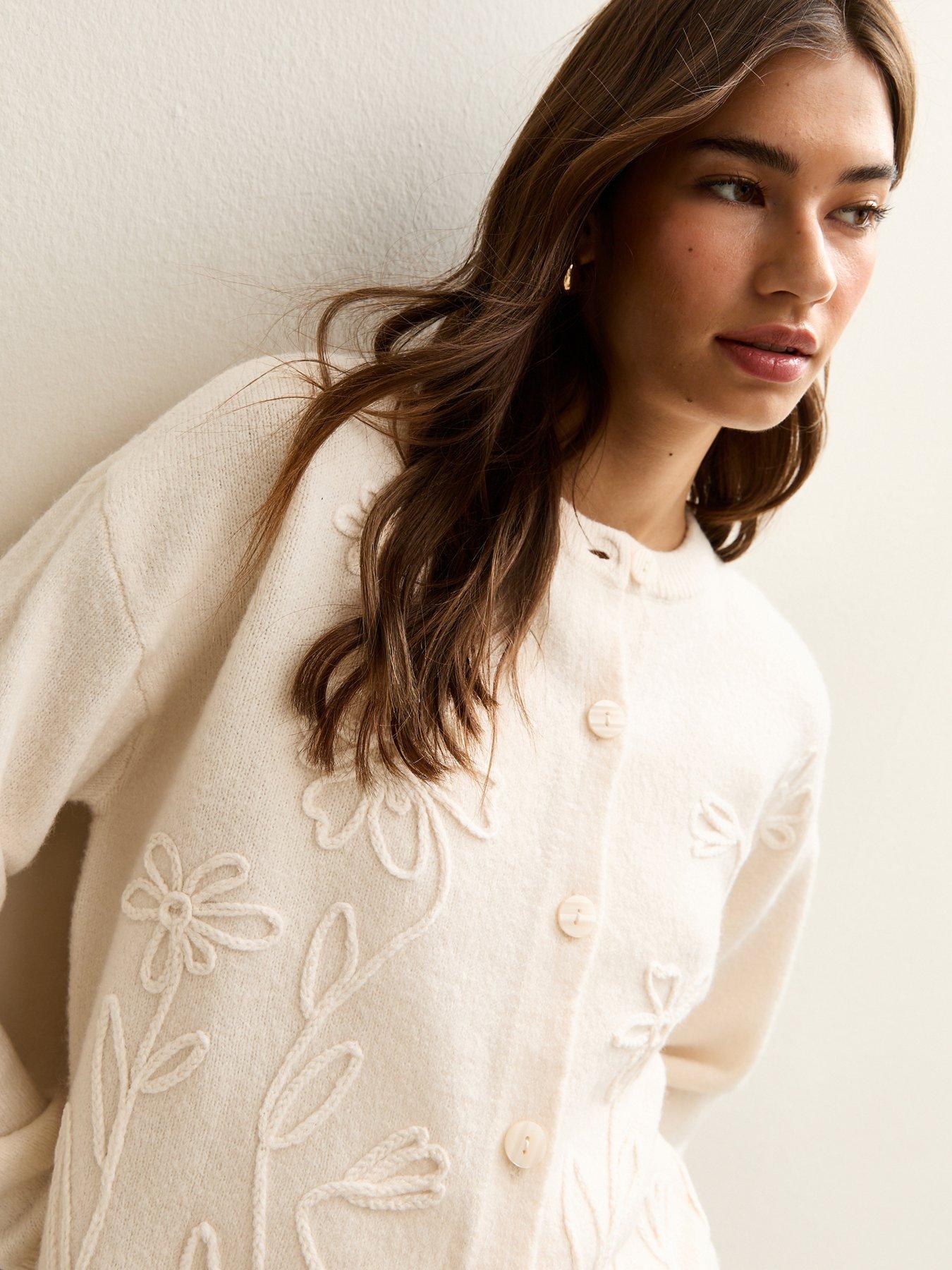 Image 4 of 5 of New Look Cream 3d Floral Knitted Cardigan