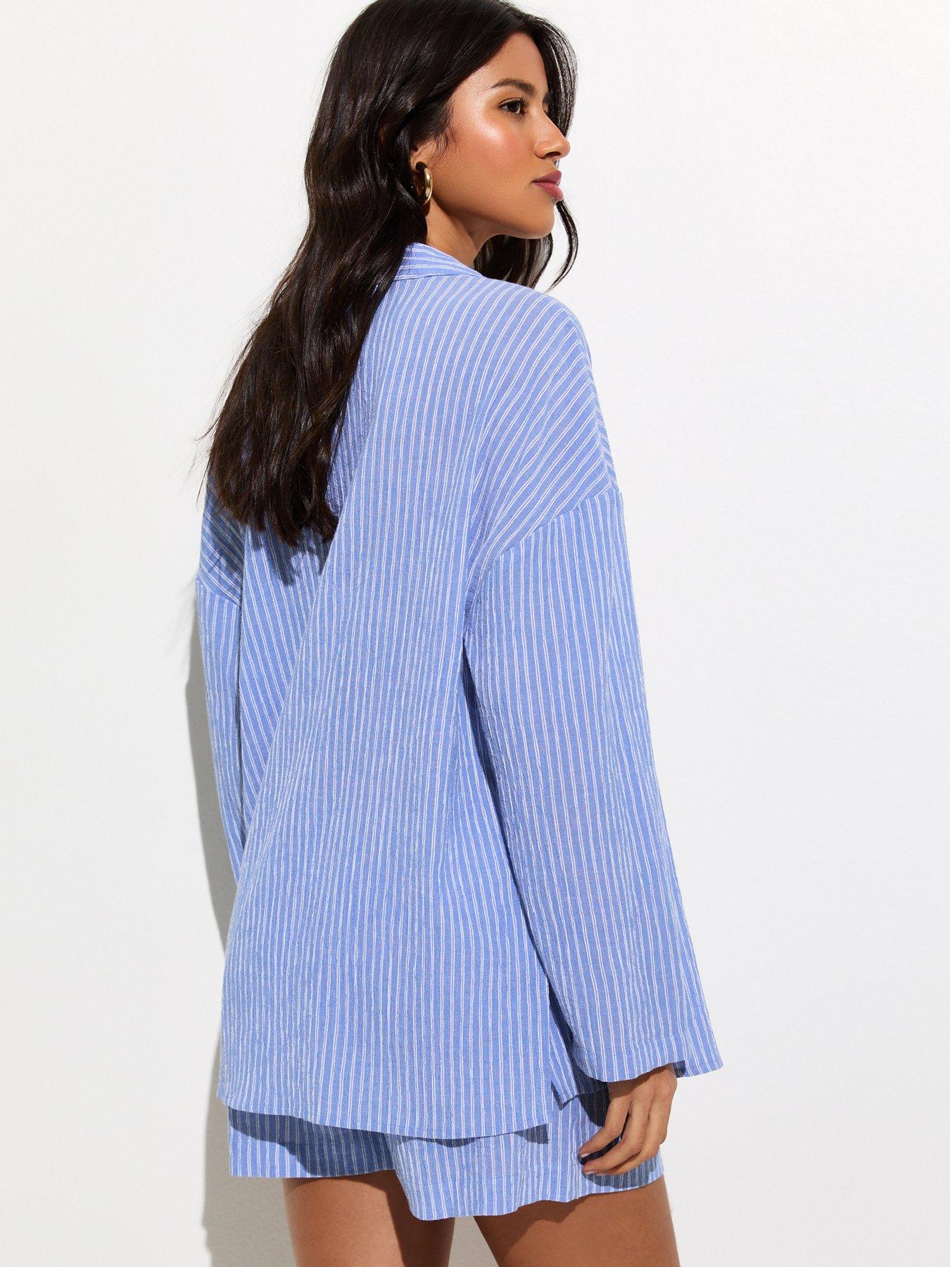 Image 2 of 5 of New Look Blue Striped Long Sleeve Beach Shirt