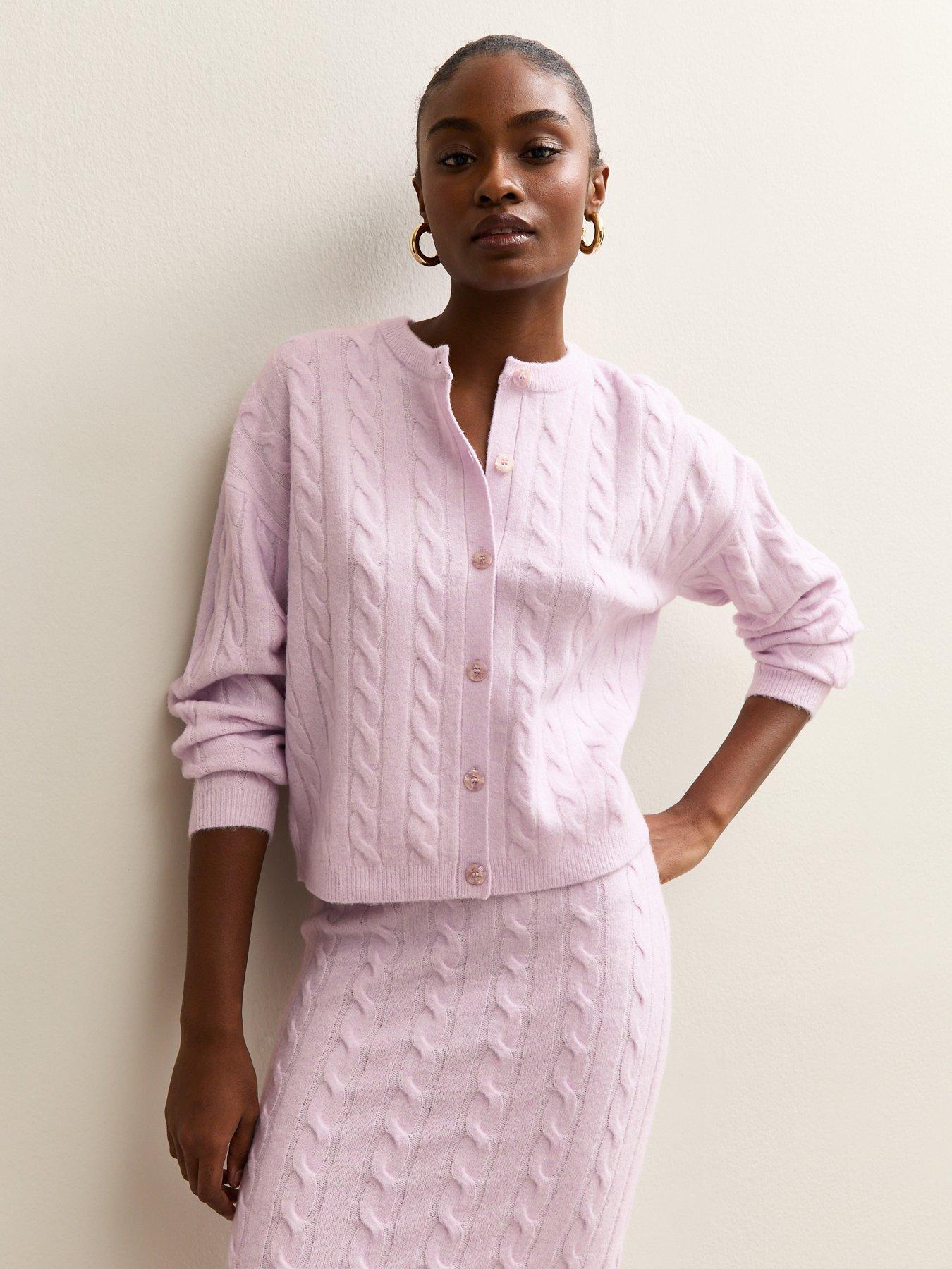Image 1 of 6 of New Look Cable Knit Cardigan - Lilac