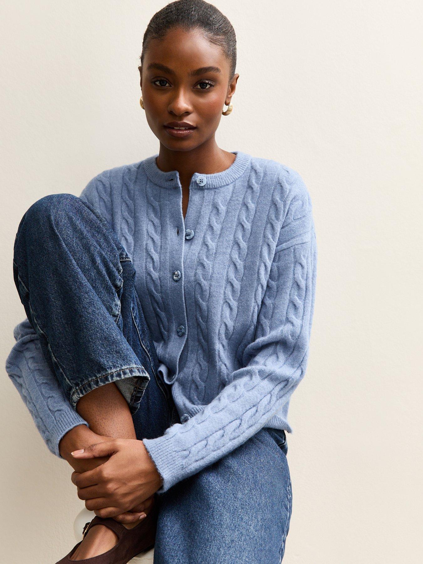 Image 1 of 5 of New Look Cable Knit Cardigan - Blue