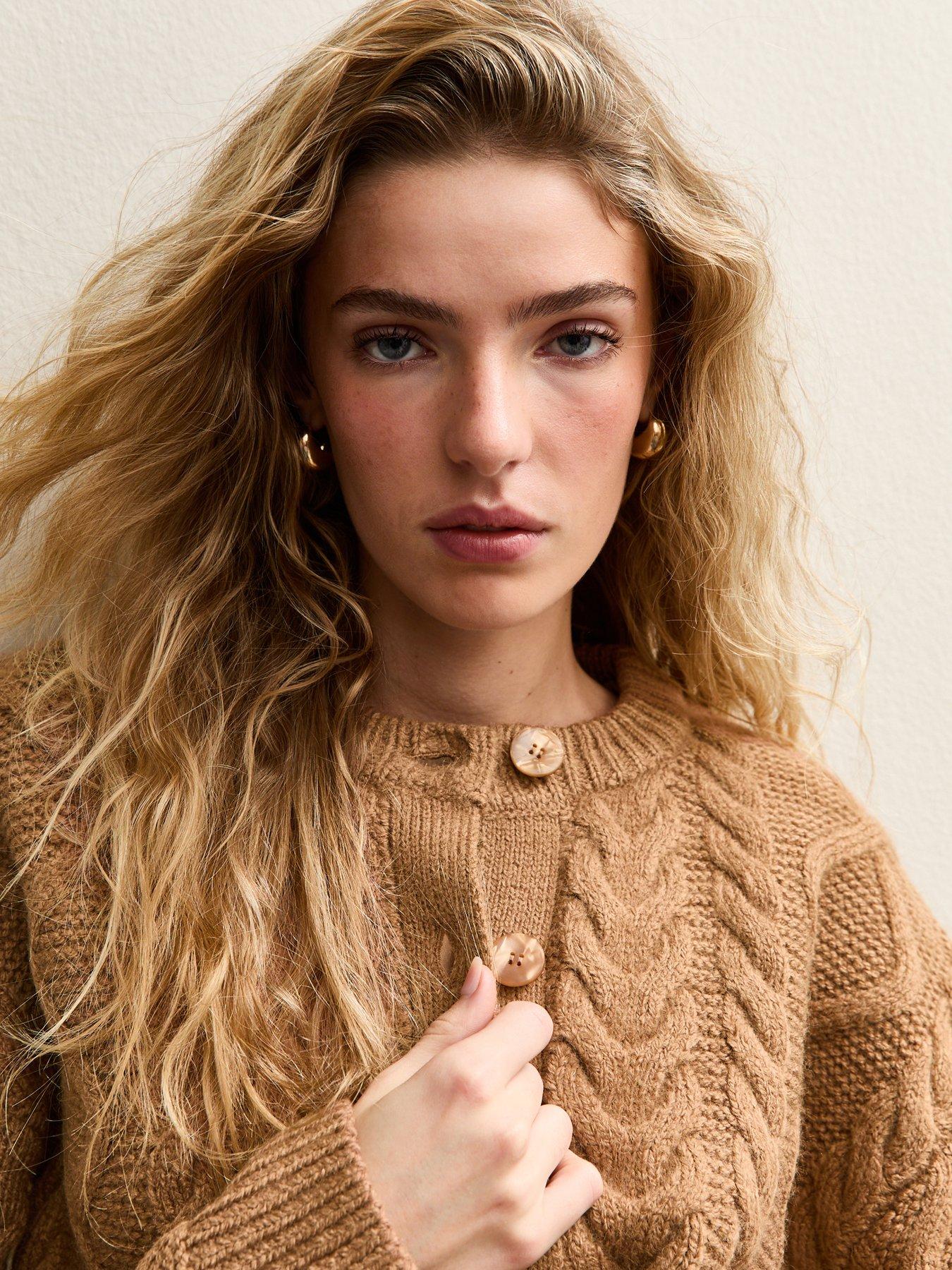 Image 5 of 6 of New Look Cable Knit Cardigan - Camel Brown
