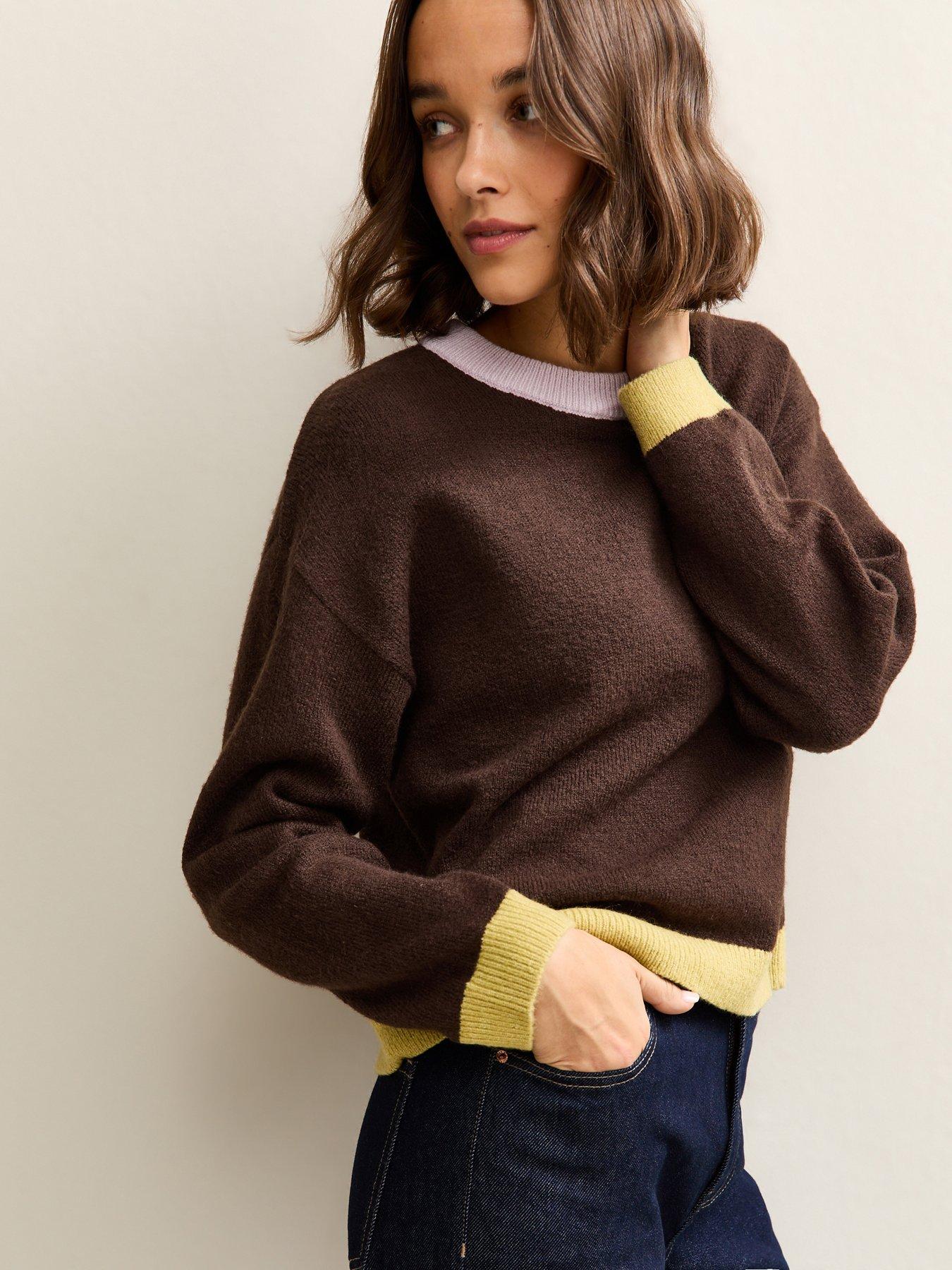 Image 1 of 5 of New Look Contrast Rib Crew Neck Jumper - Brown