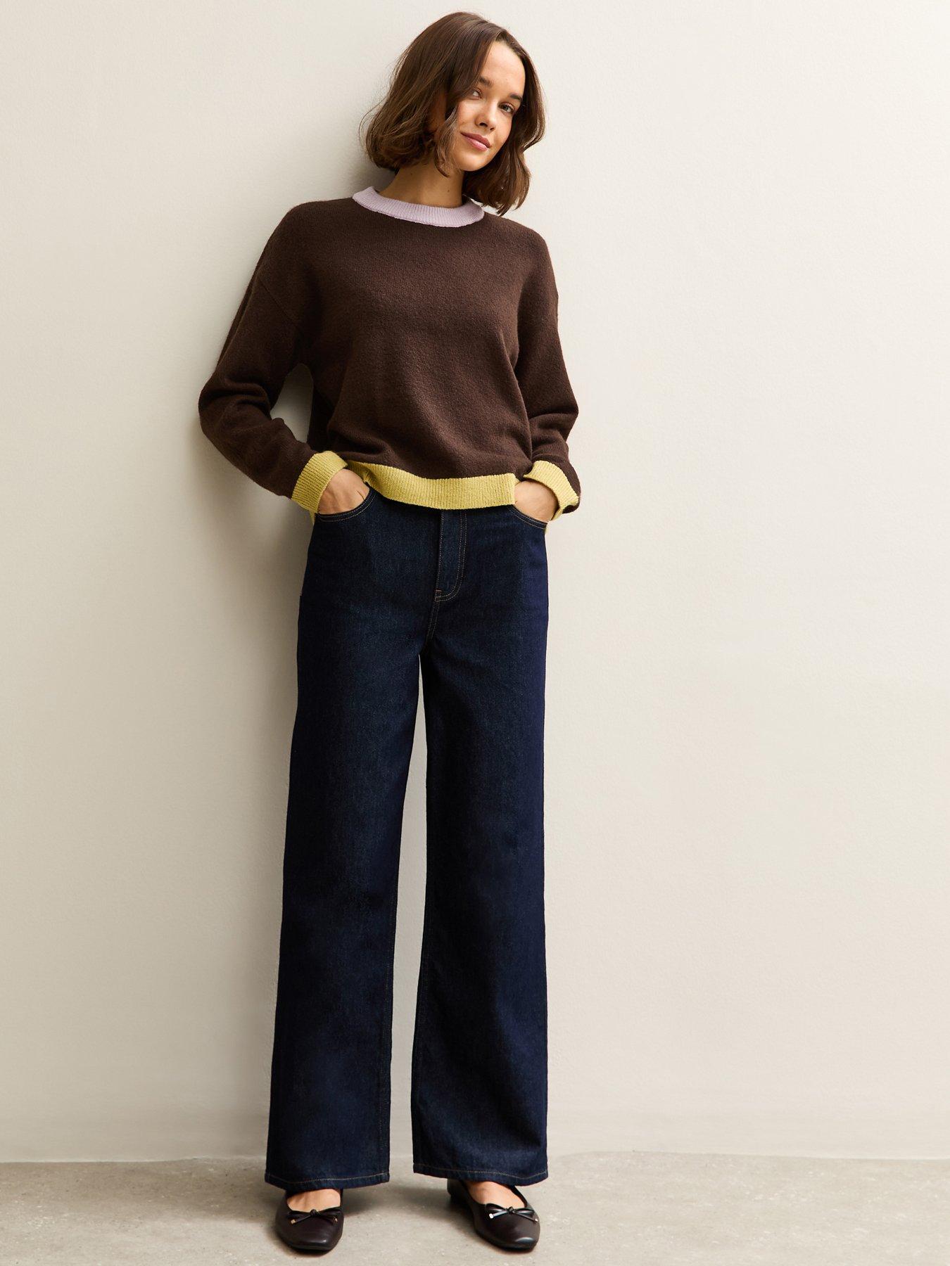 Image 3 of 5 of New Look Contrast Rib Crew Neck Jumper - Brown