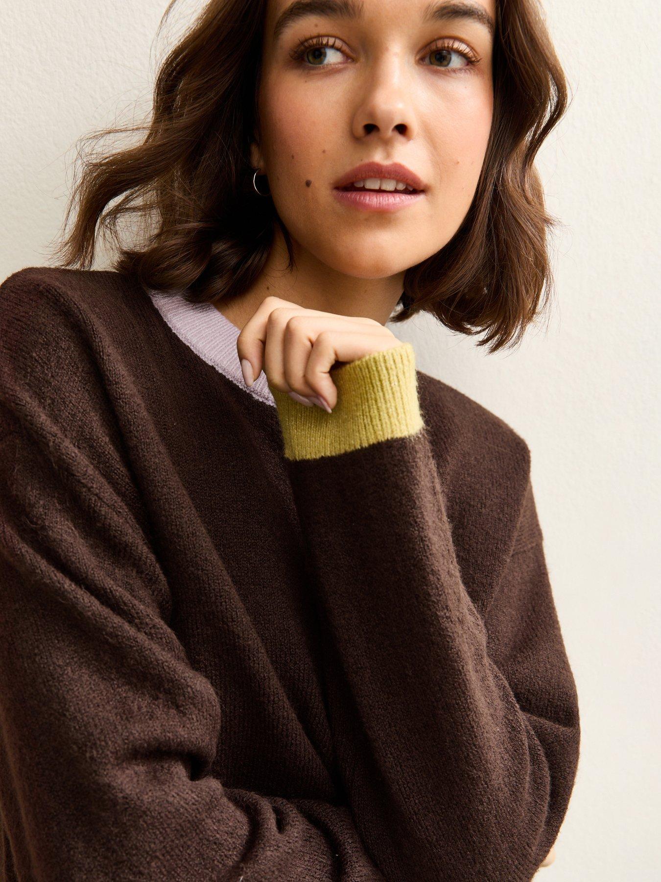 Image 4 of 5 of New Look Contrast Rib Crew Neck Jumper - Brown