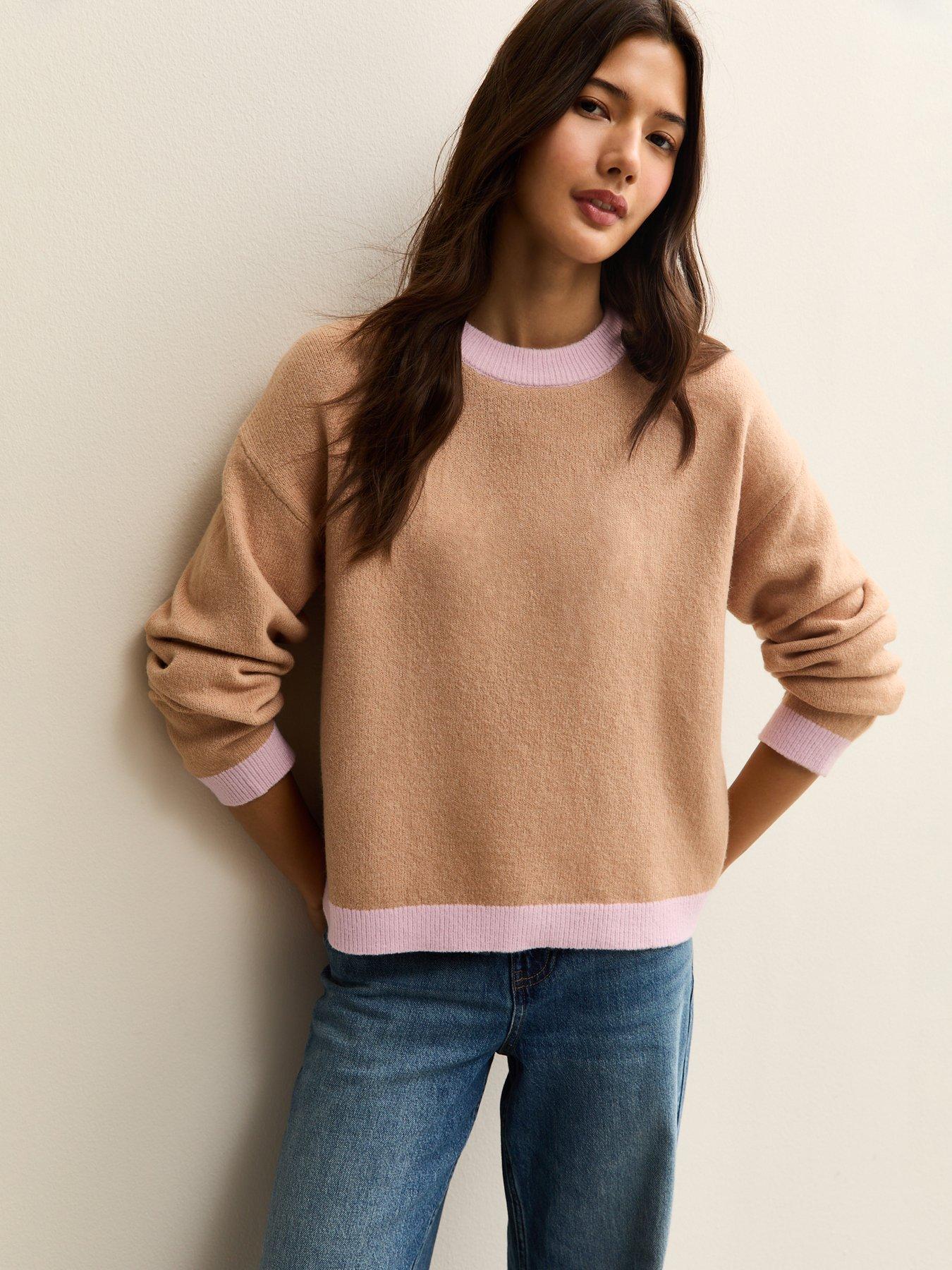 New Look Contrast Rib Crew Neck Jumper - Brown