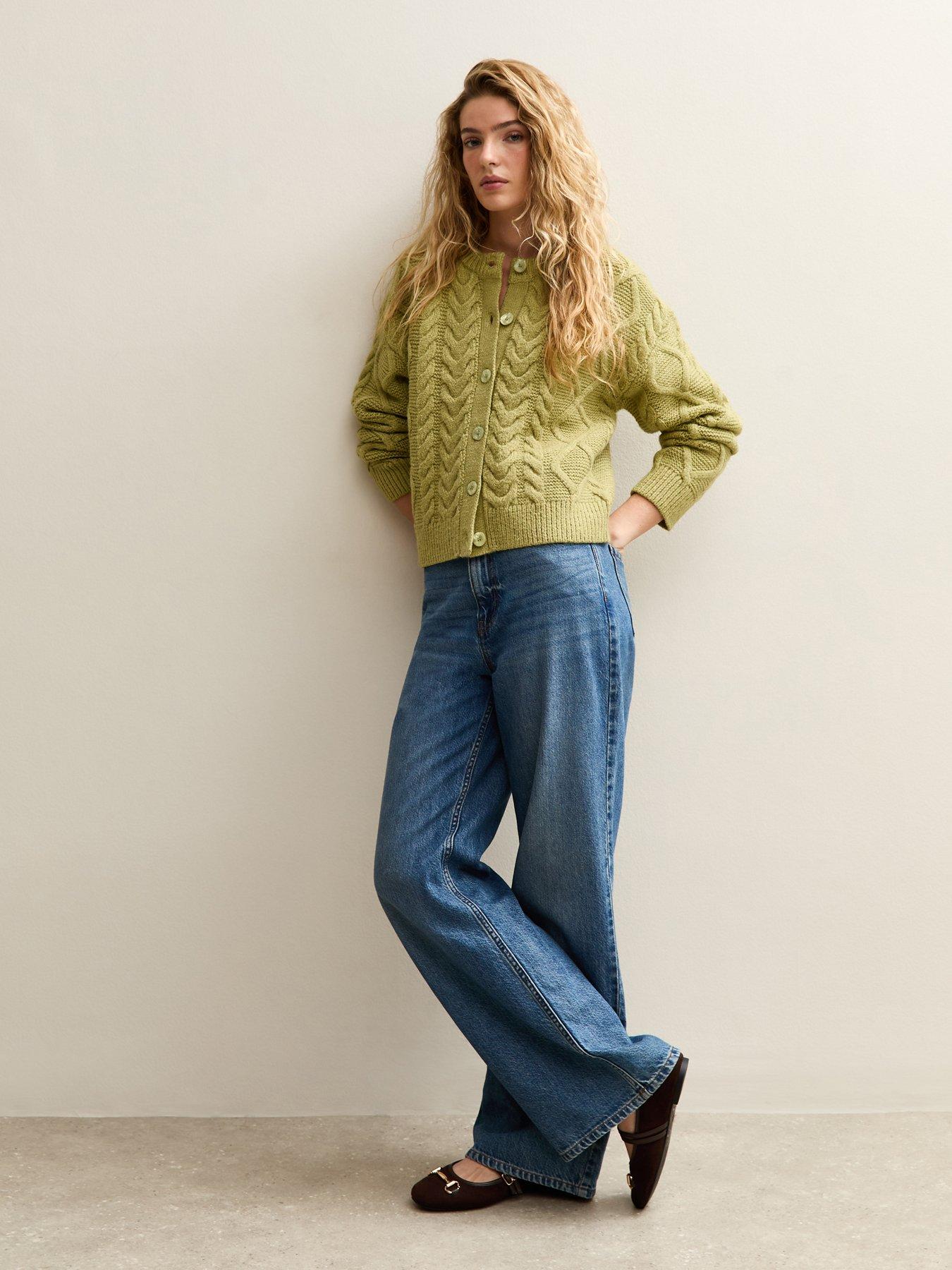 Image 4 of 6 of New Look Cable Knit Cardigan - Green