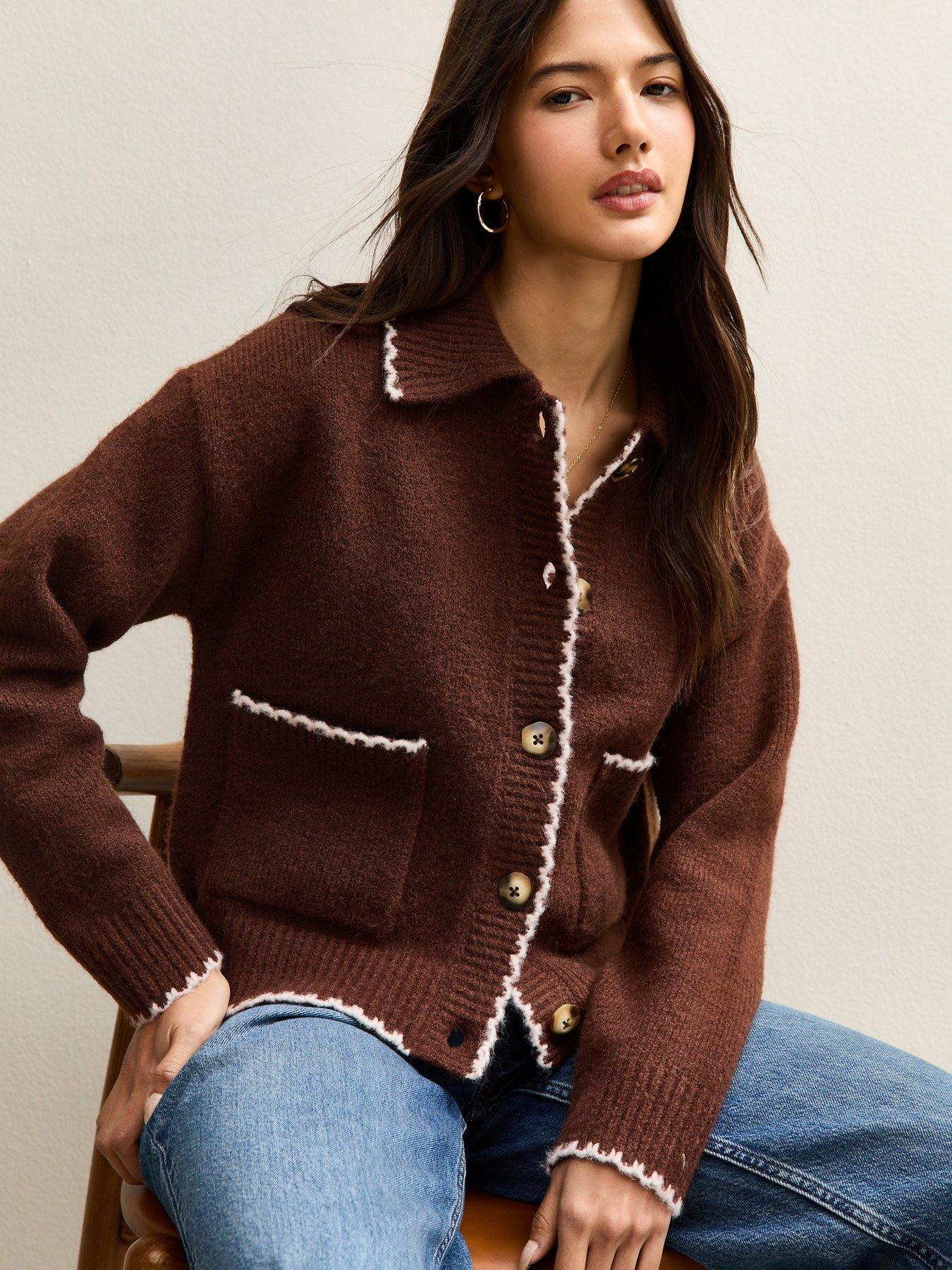 Image 1 of 5 of New Look Blanket Stitch Collared Cardigan - Brown