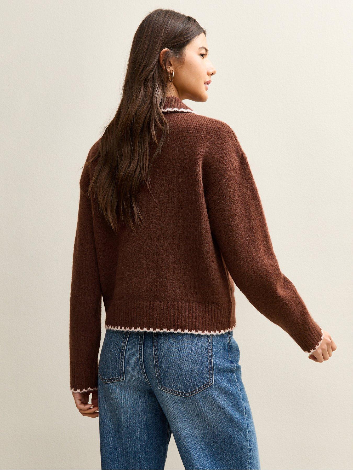 Image 2 of 5 of New Look Blanket Stitch Collared Cardigan - Brown