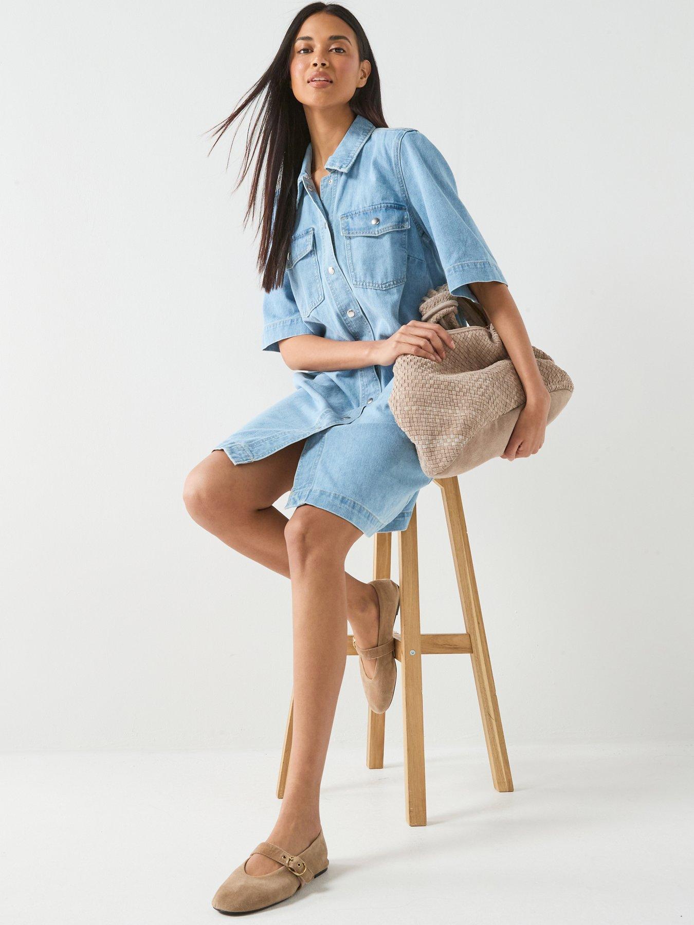 only-belle-short-sleeve-button-front-denim-dress-blue