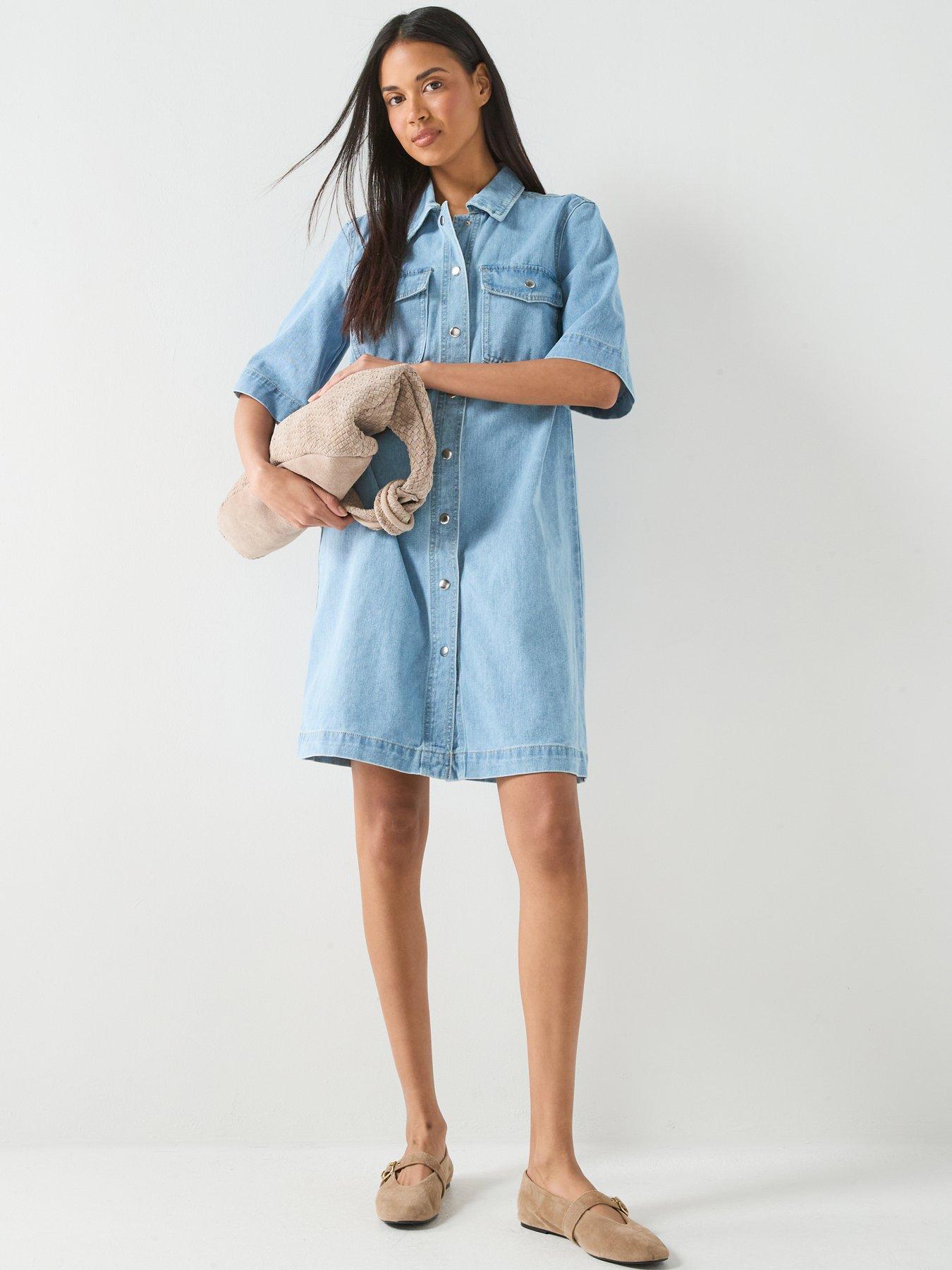 only-belle-short-sleeve-button-front-denim-dress-blueback