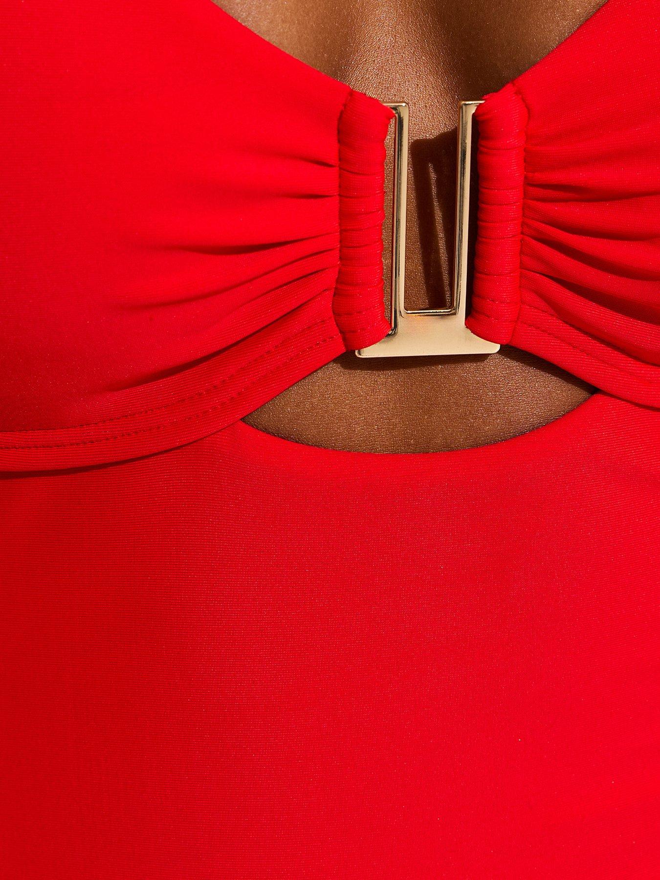 Image 5 of 5 of New Look U Ring Underwired Halter Neck Swimsuit - Bright Red