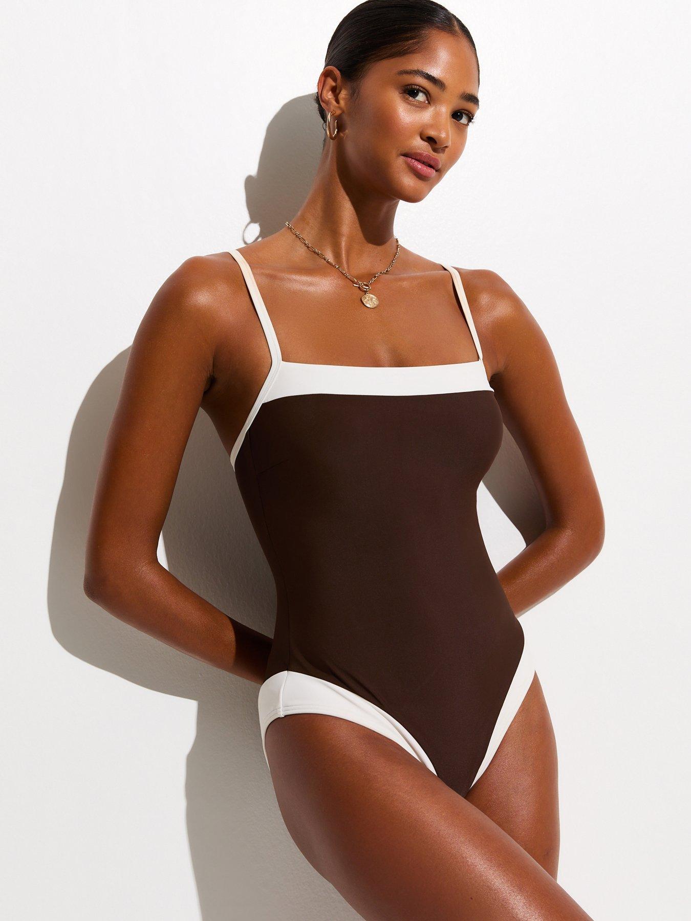 New Look Contrast Trim Square Neck Swimsuit - Brown