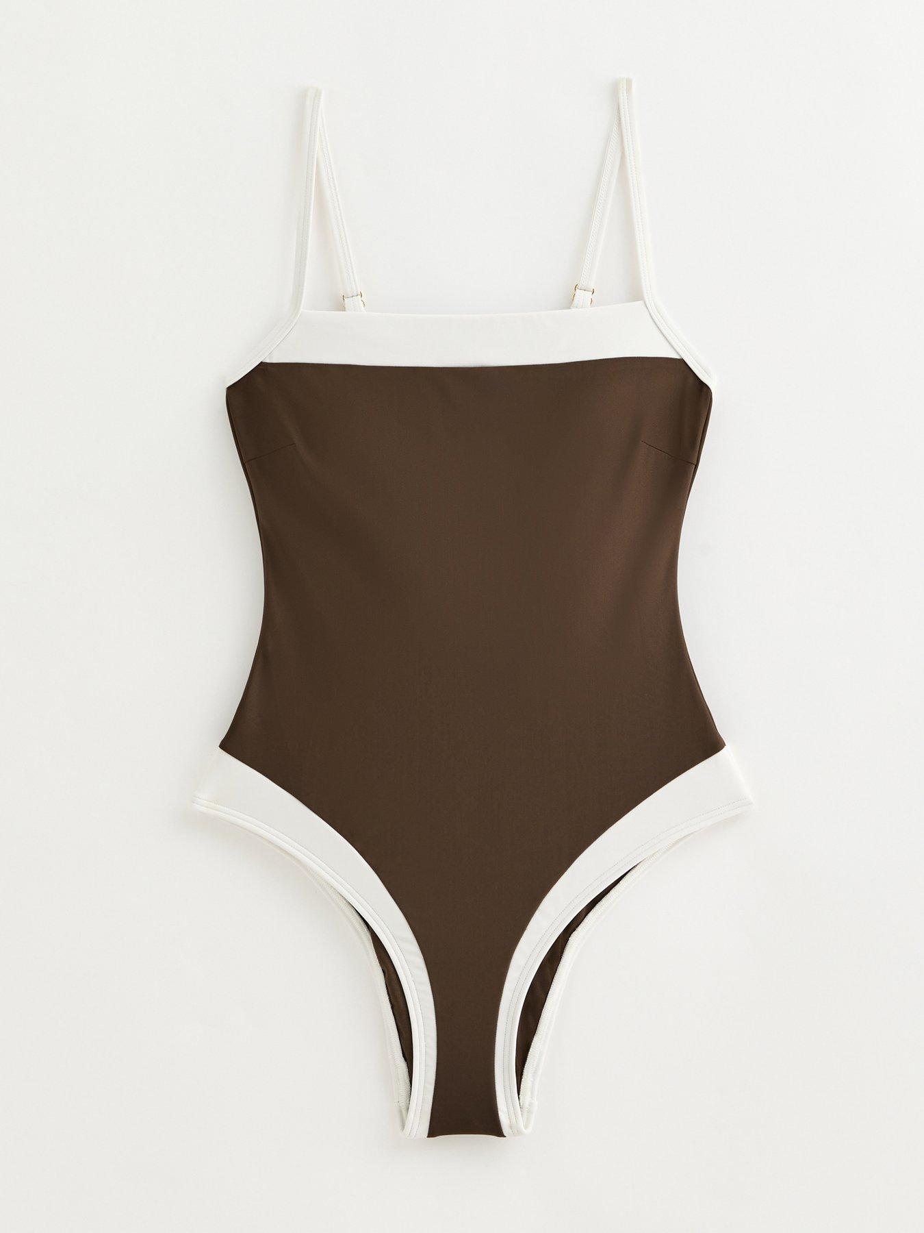 Image 6 of 6 of New Look Mid Brown Contrast Trim Square Neck Swimsuit