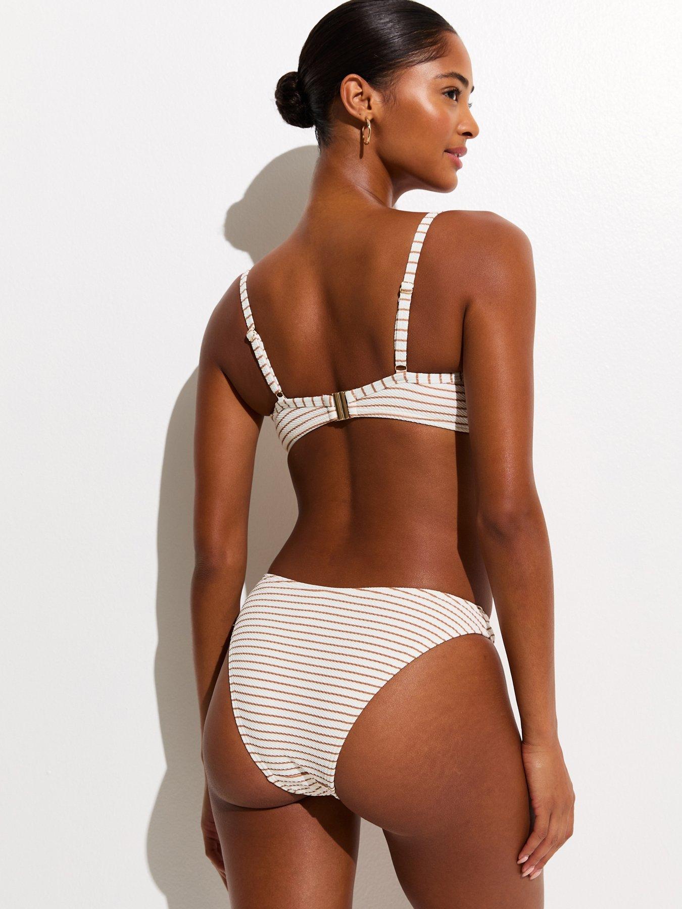 Image 2 of 6 of New Look Brown Striped Crinkled High Leg Hipster Bikini Bottoms
