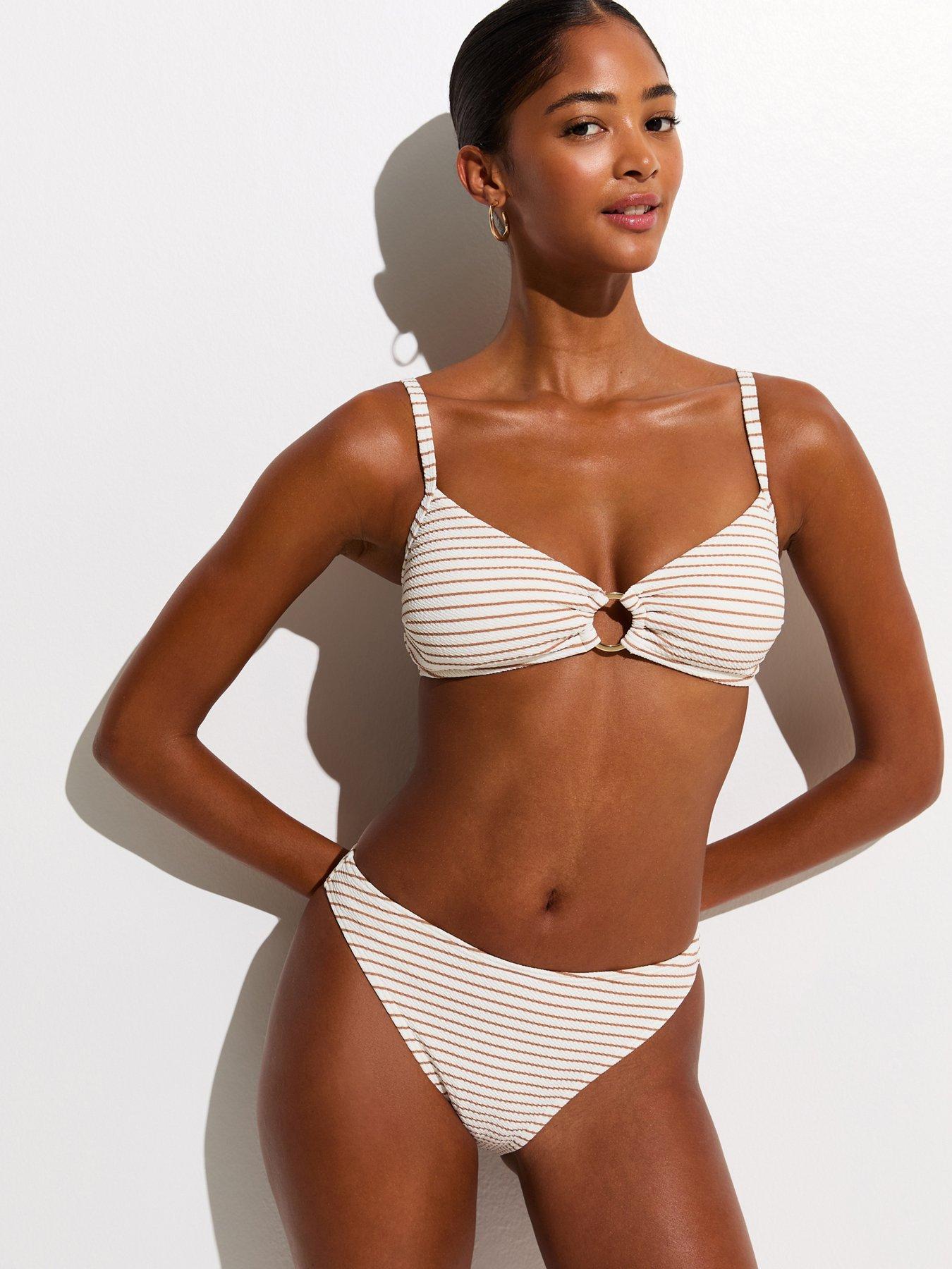 Image 4 of 6 of New Look Brown Striped Crinkled High Leg Hipster Bikini Bottoms