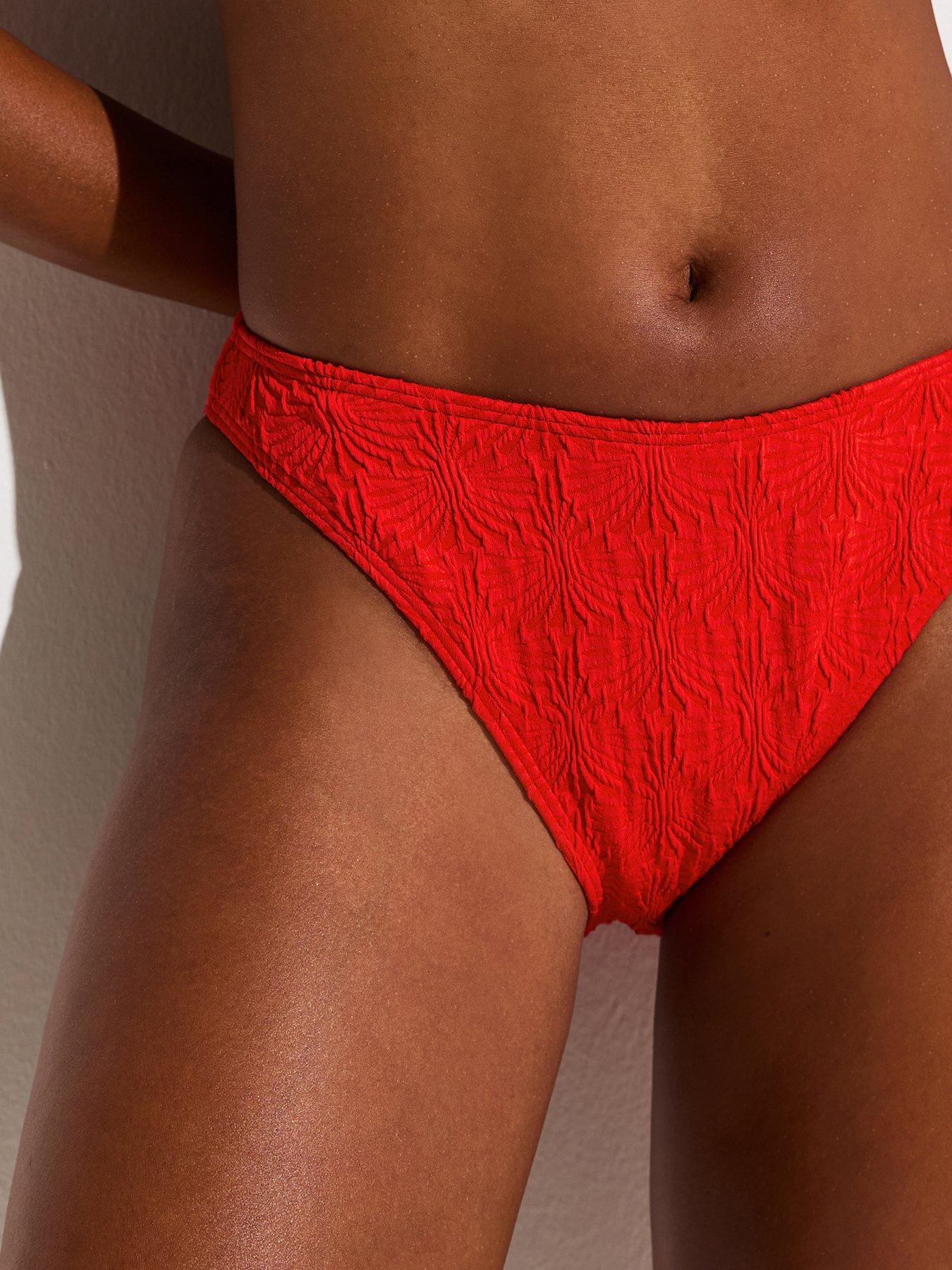 Image 5 of 6 of New Look Textured High Leg Hipster Bikini Bottoms - Bright Red