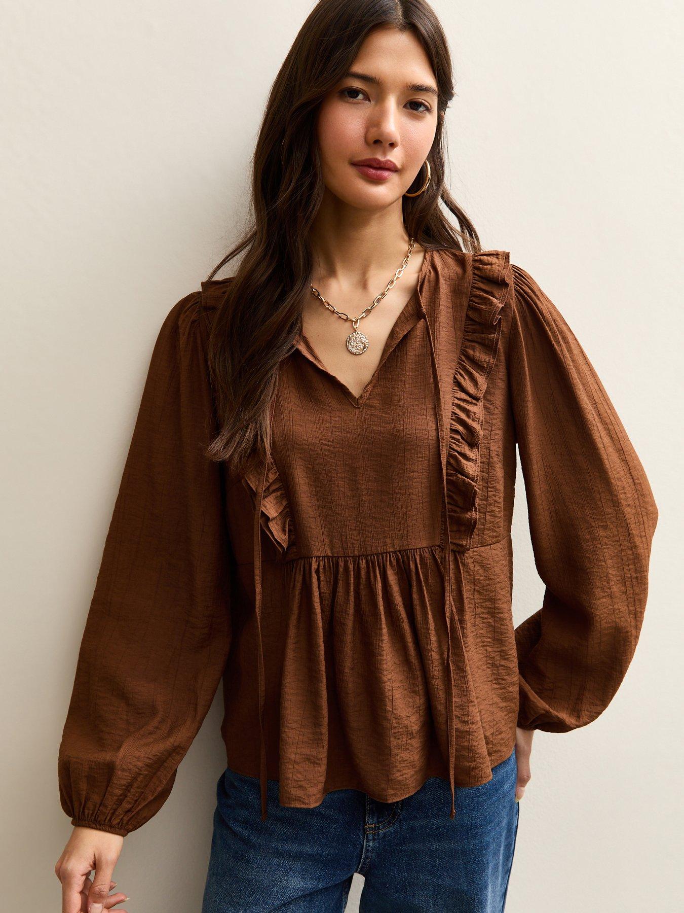 new-look-mid-ruffle-tie-long-sleeve-blouse-brown