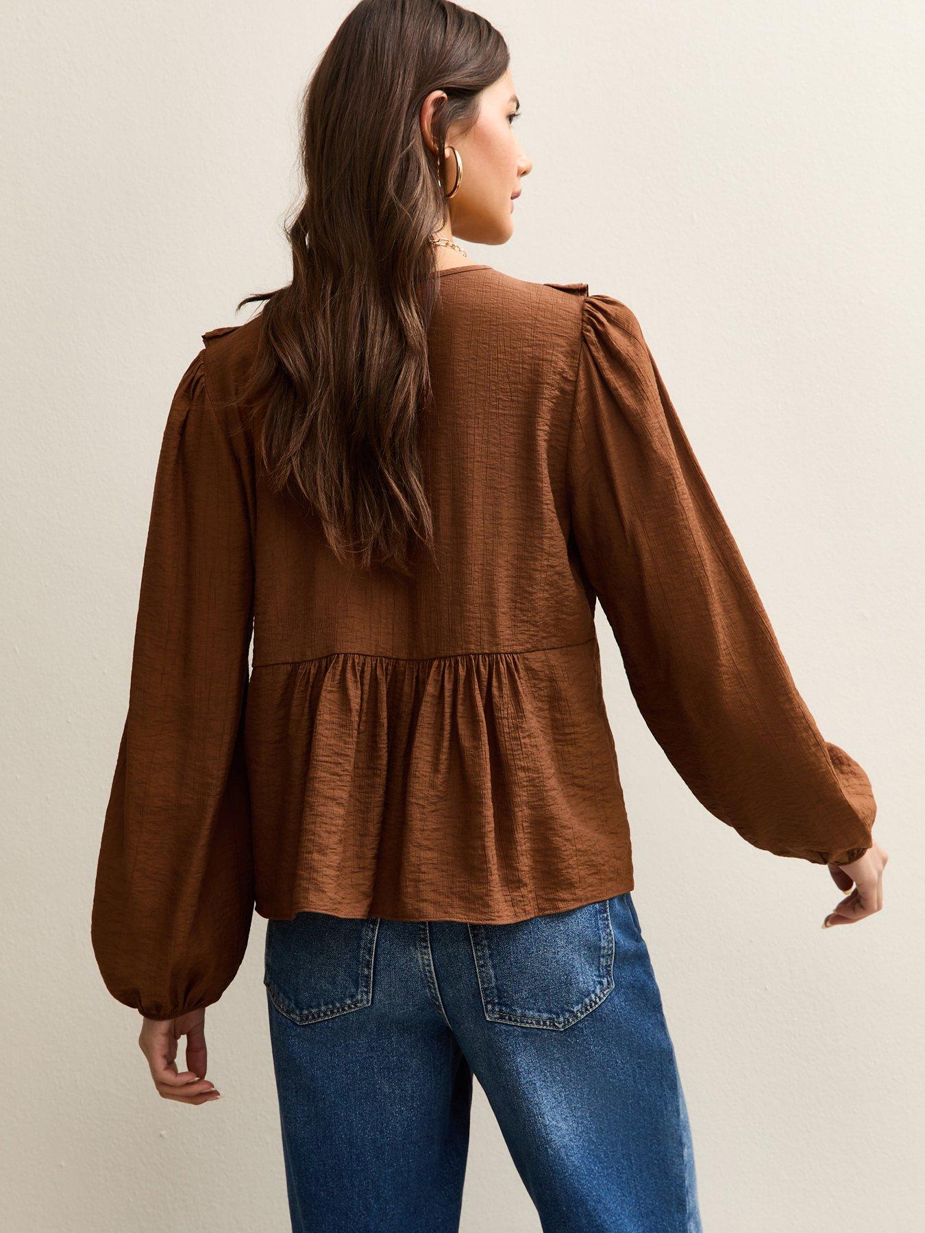new-look-mid-ruffle-tie-long-sleeve-blouse-brownstillFront