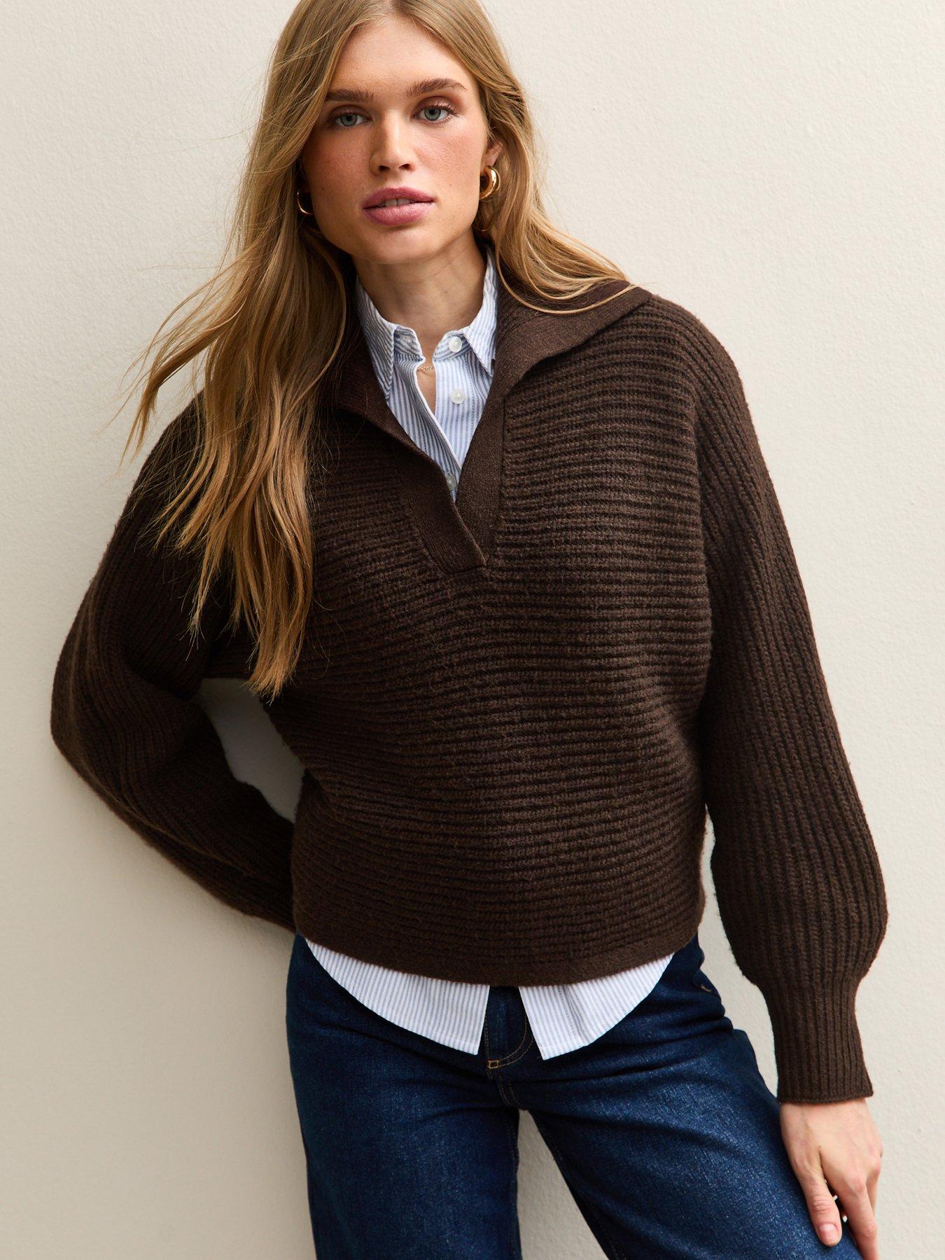 New Look Stitchy Polo Batwing Jumper - Dark Brown
