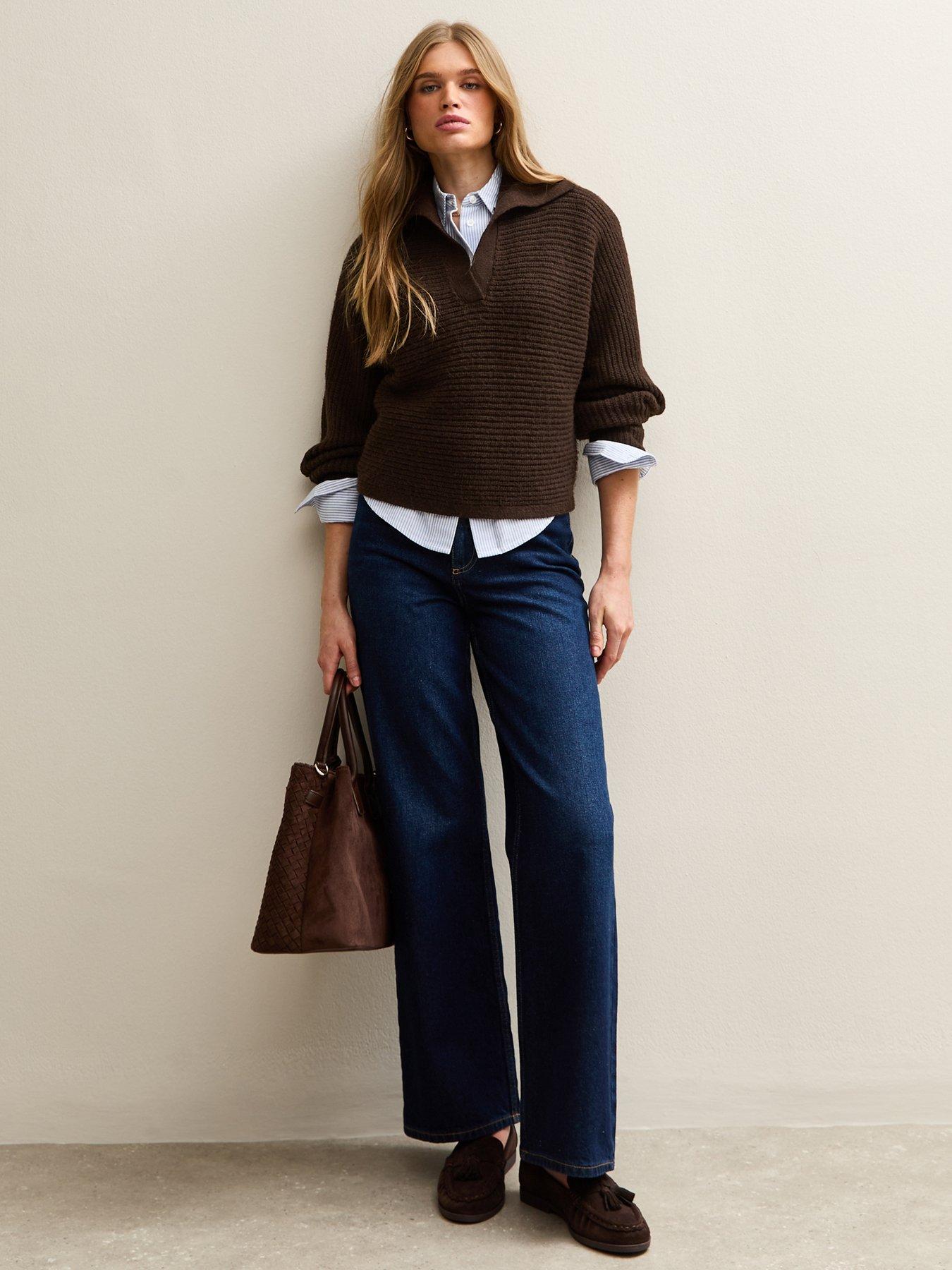 new-look-stitchy-polo-batwing-jumper-dark-brownback