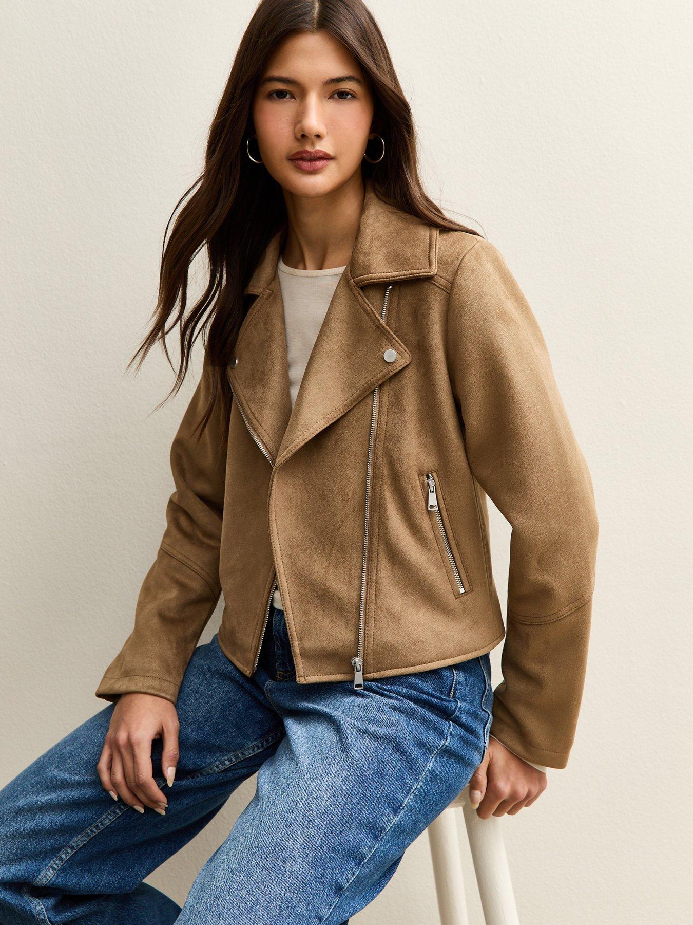 Image 1 of 6 of New Look Faux Suede Biker Jacket - Tan
