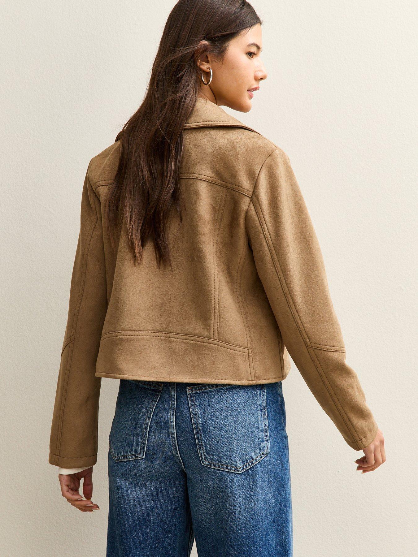 Image 2 of 6 of New Look Faux Suede Biker Jacket - Tan