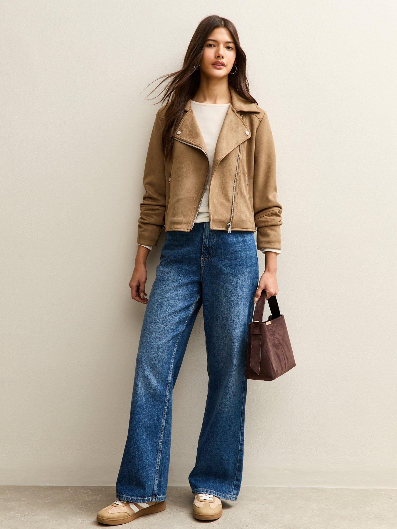 Image 3 of 6 of New Look Faux Suede Biker Jacket - Tan