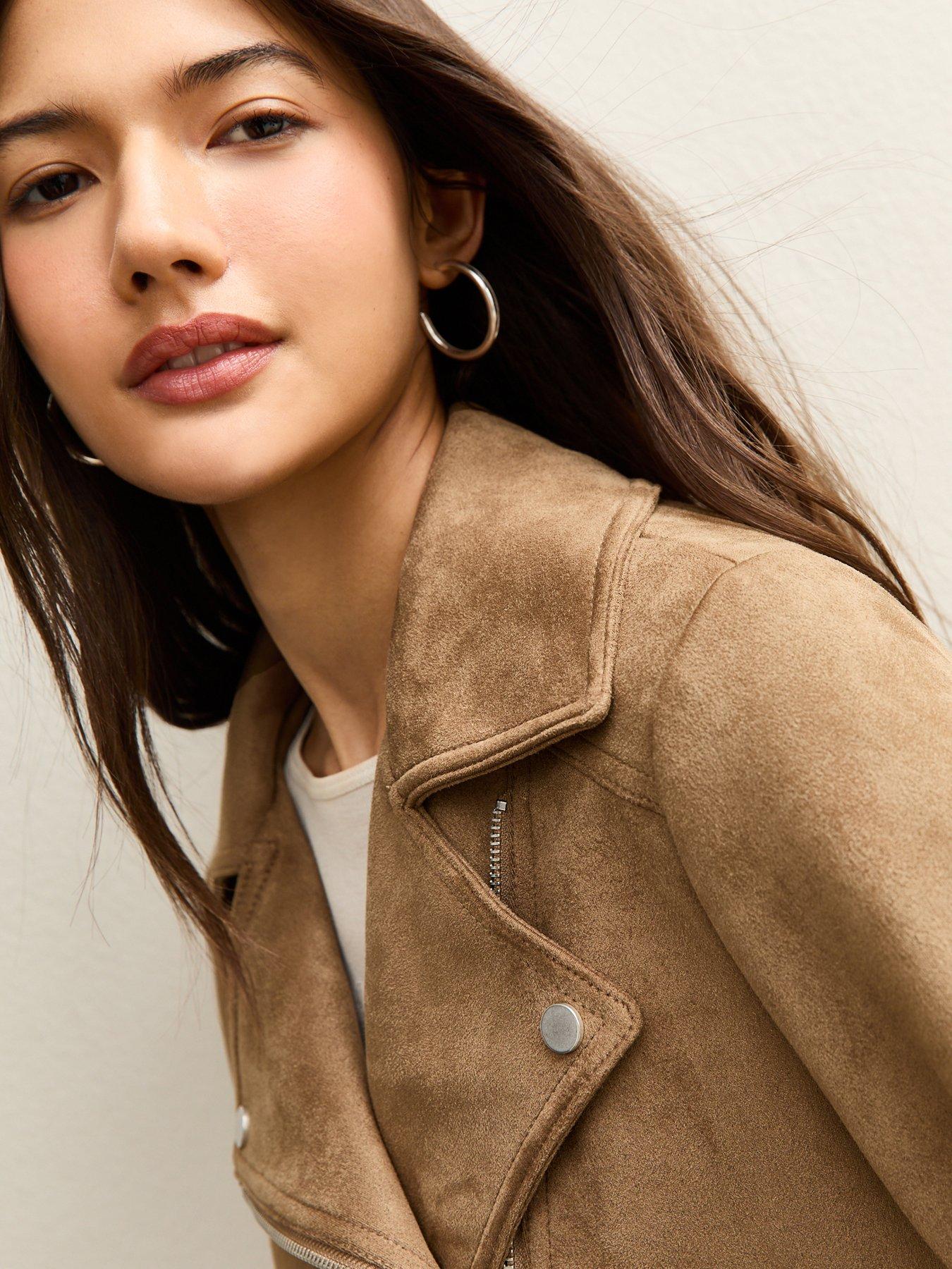 Image 4 of 6 of New Look Faux Suede Biker Jacket - Tan