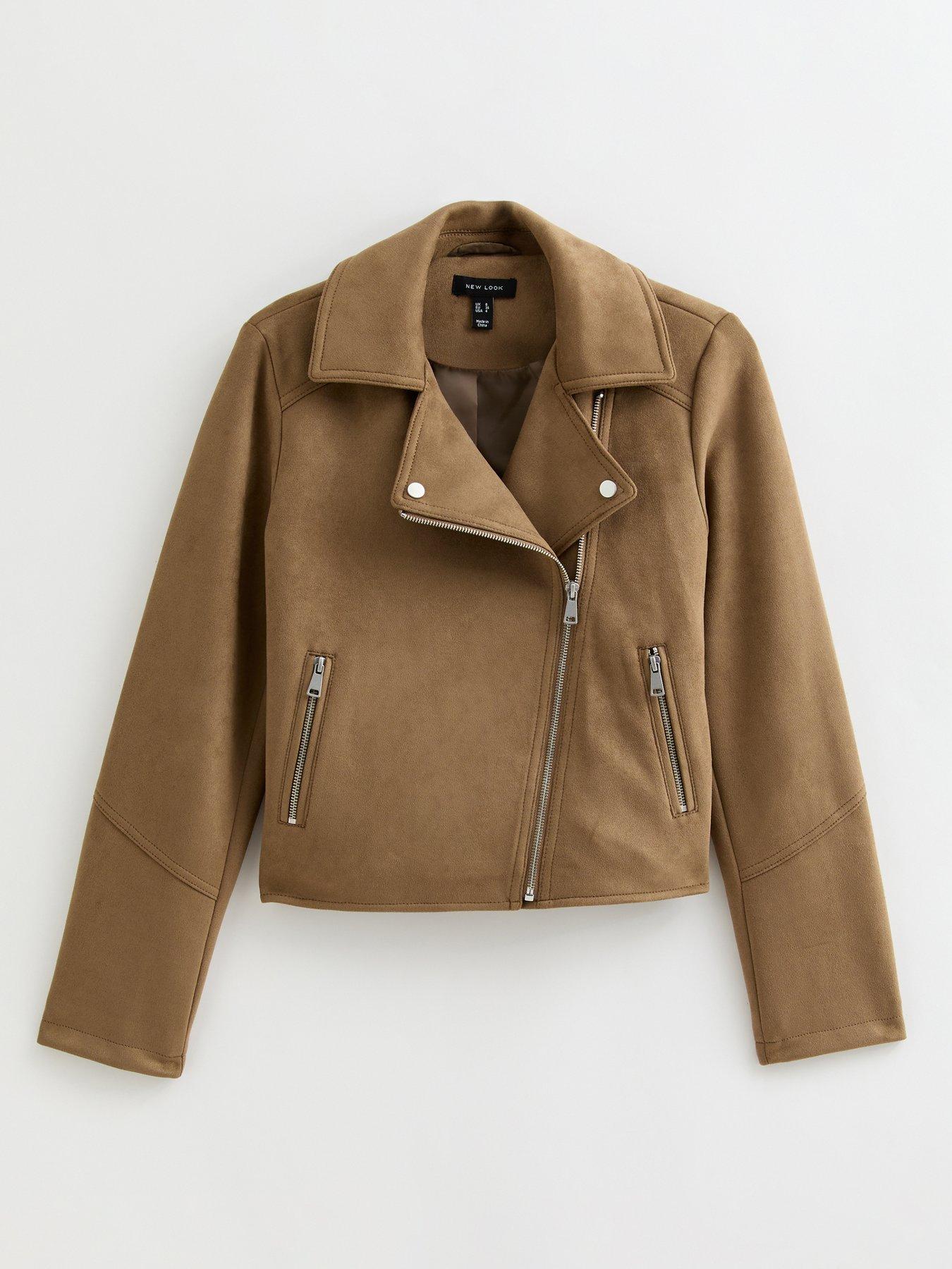 Image 5 of 6 of New Look Faux Suede Biker Jacket - Tan