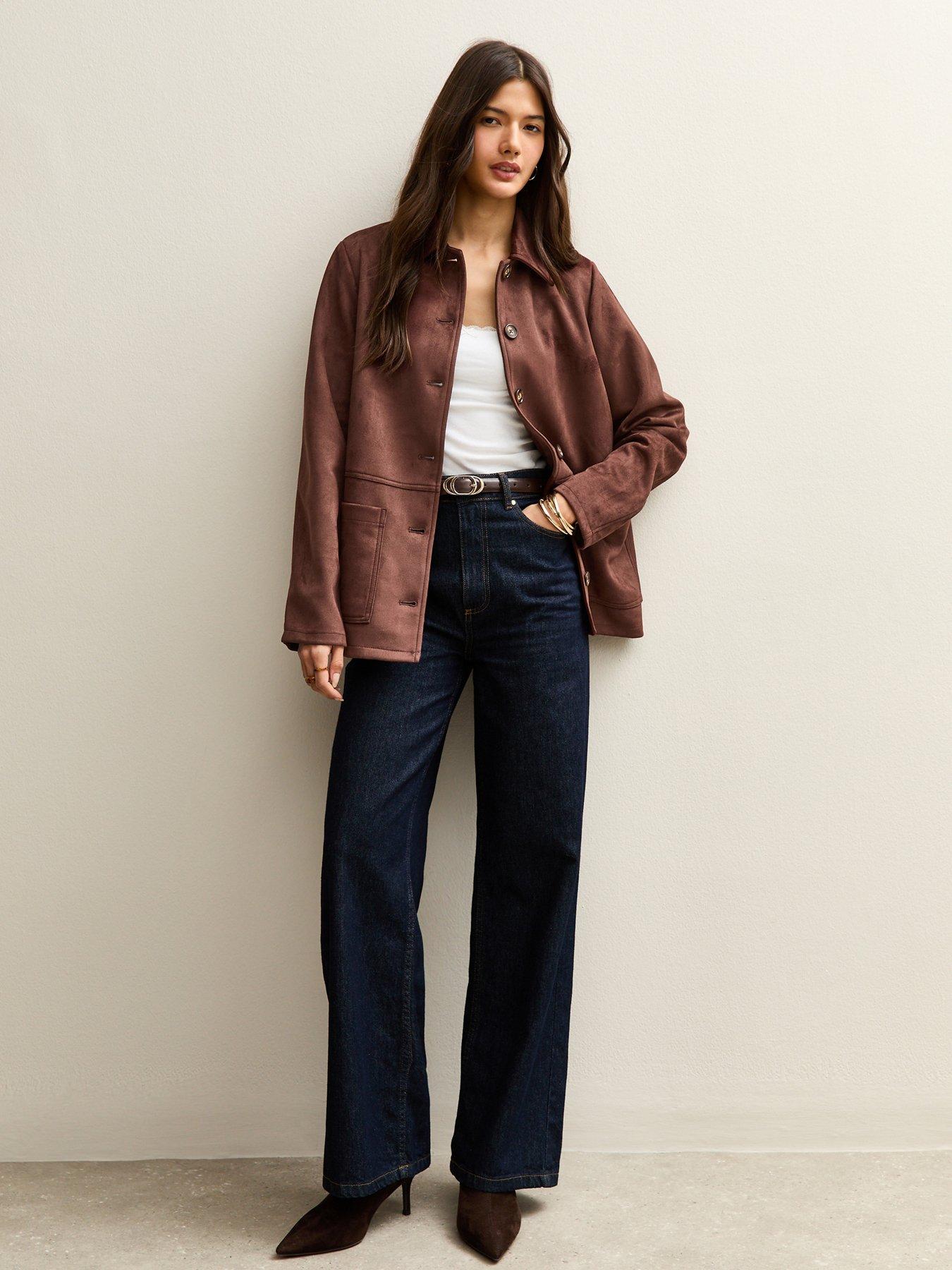Image 3 of 7 of New Look Faux Suede Button Front Jacket - Dark Brown