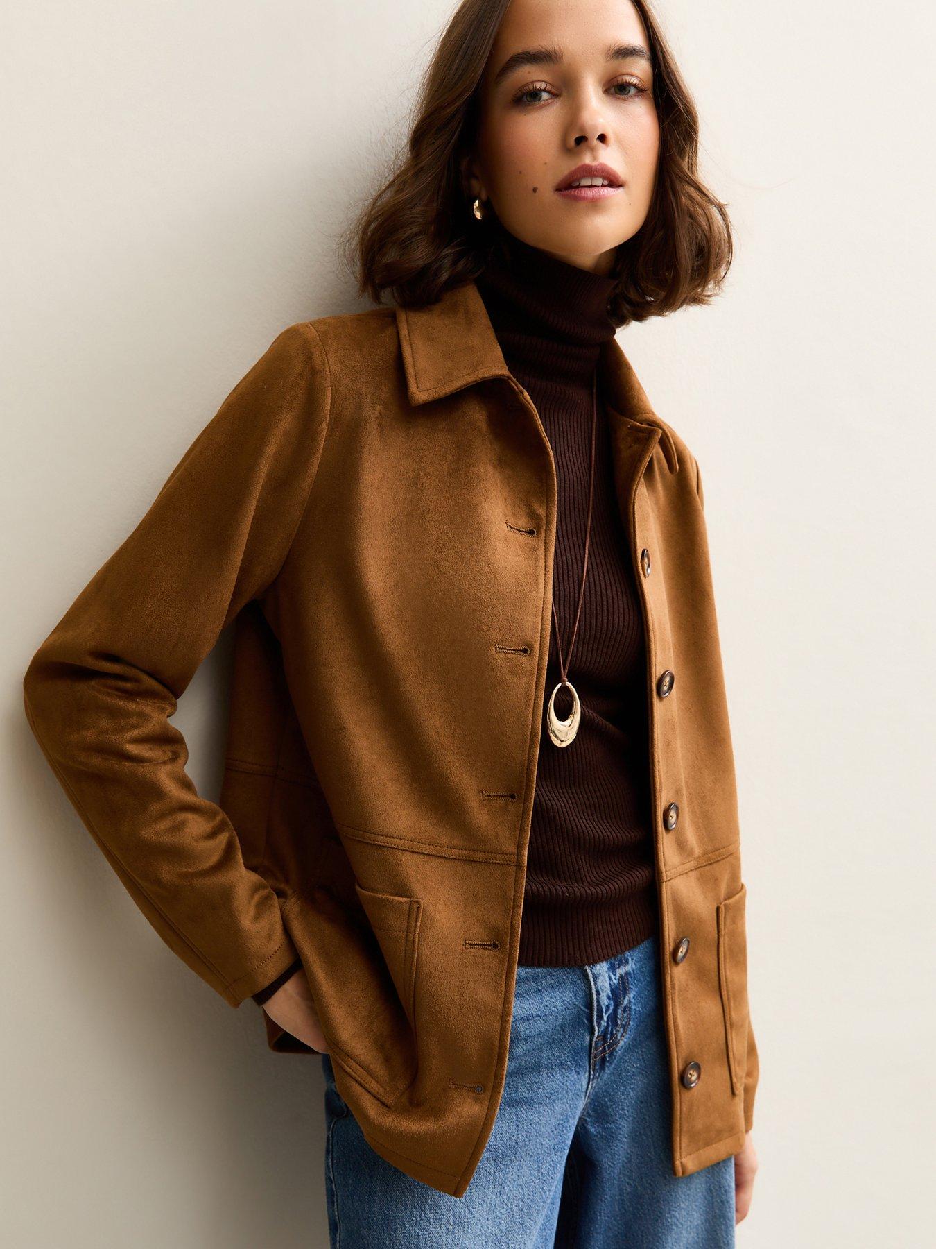 new-look-faux-suede-button-front-jacket-tanfront