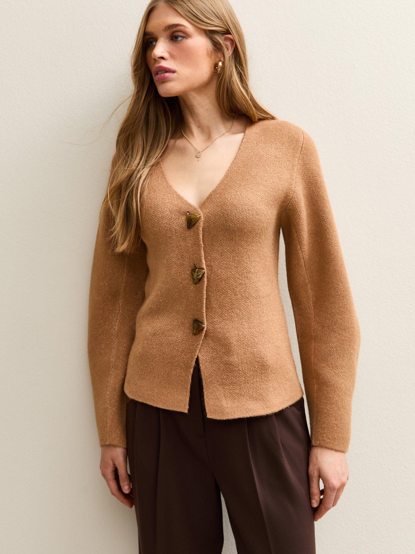 New Look V- Neck Heavyweight Knit Cardigan - Camel Brown