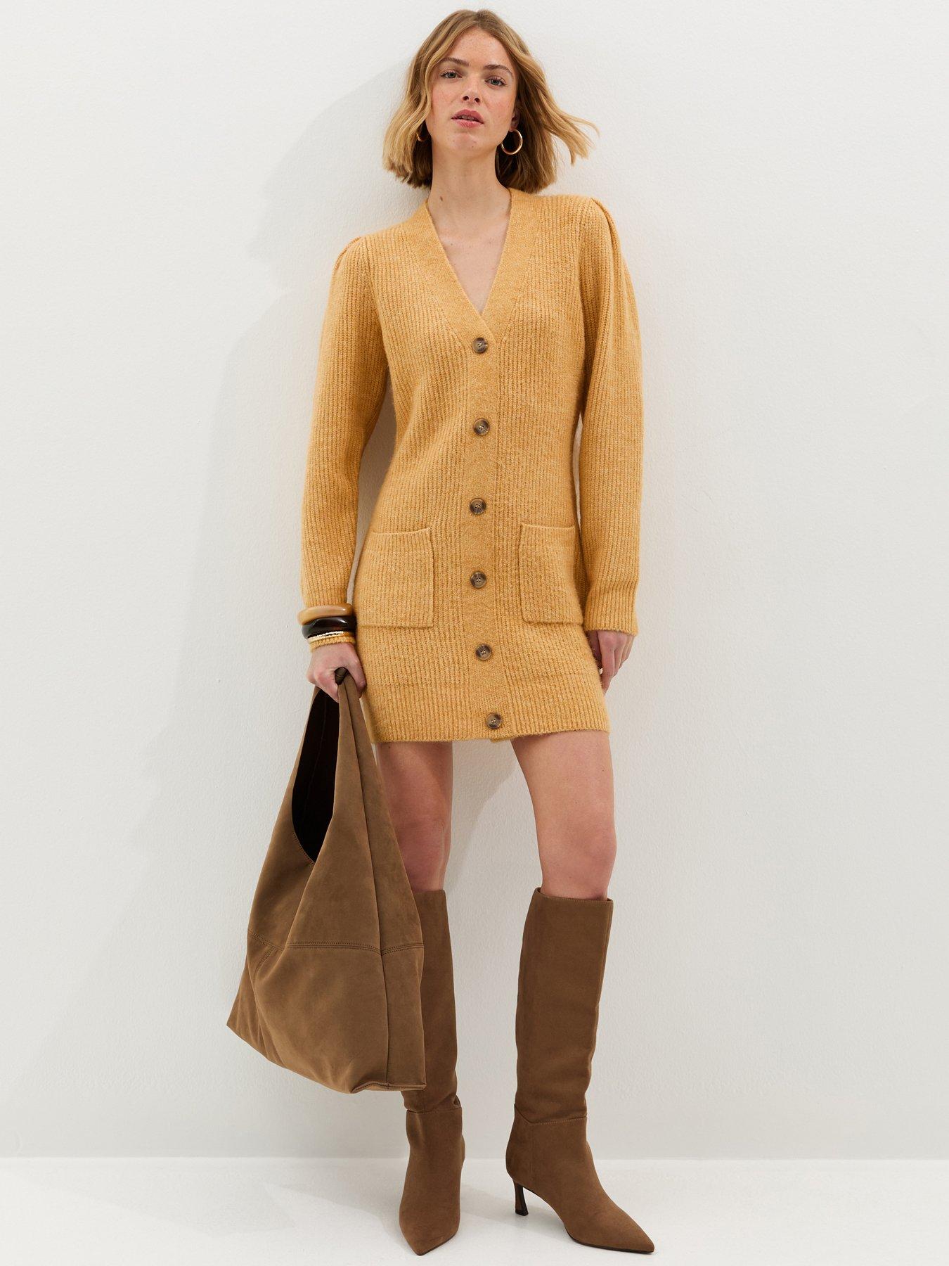 New Look Stitchy Knit Button Front Mini Dress - Light Yellow