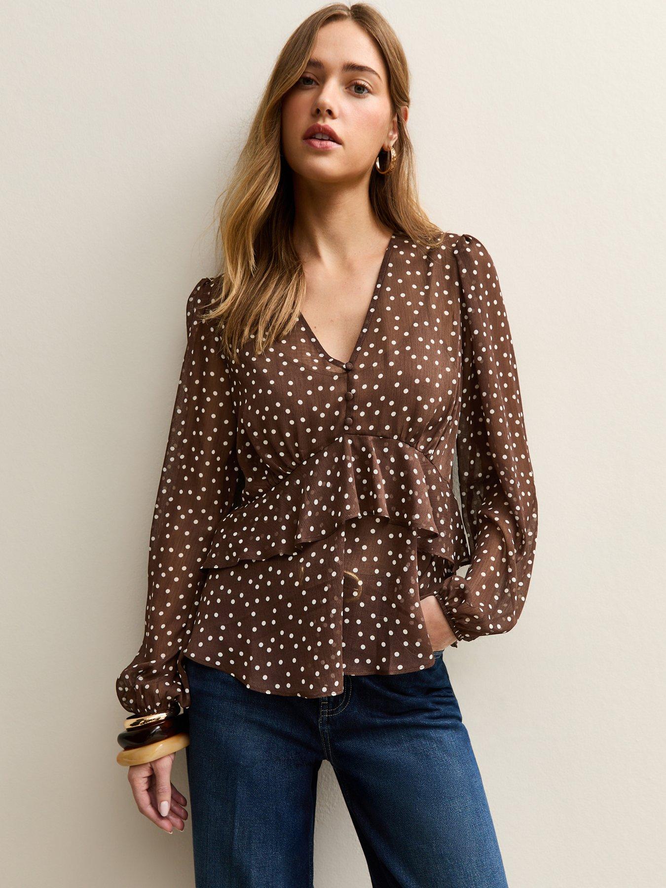 new-look-polka-dot-v--neck-chiffon-tea-blouse-dark-brown