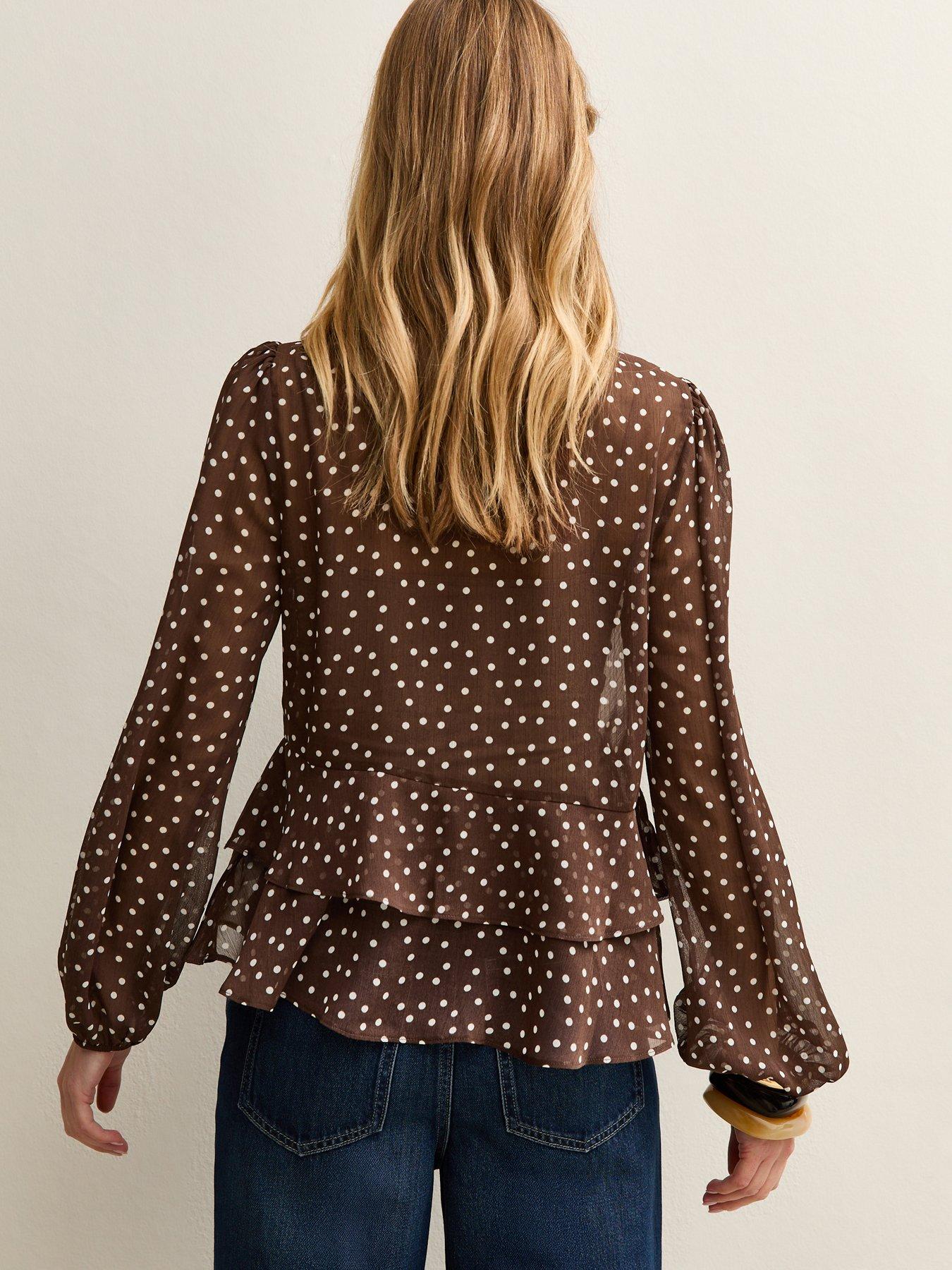 new-look-polka-dot-v--neck-chiffon-tea-blouse-dark-brownstillFront