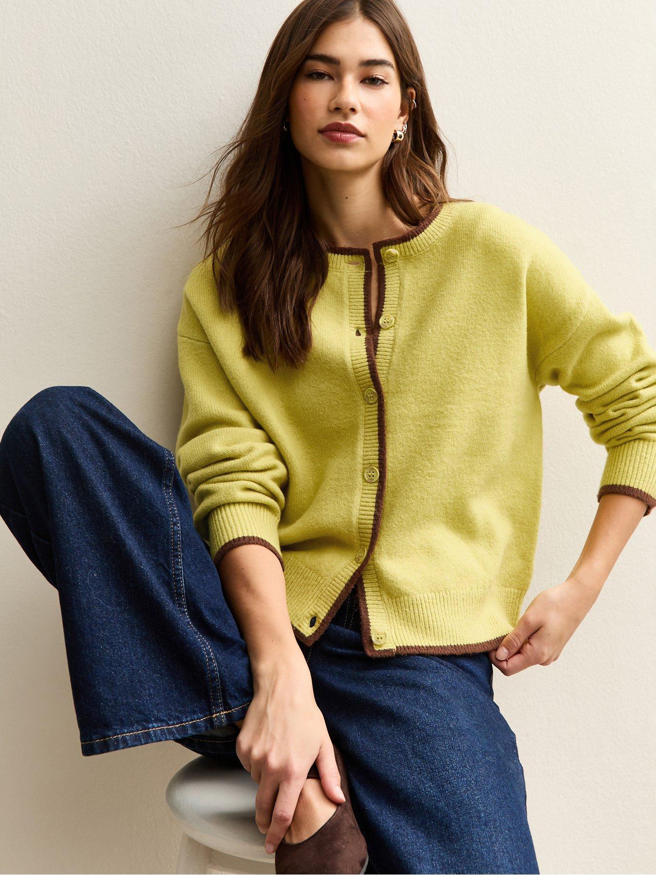 New Look Tipped Crew Neck Cardigan - Green